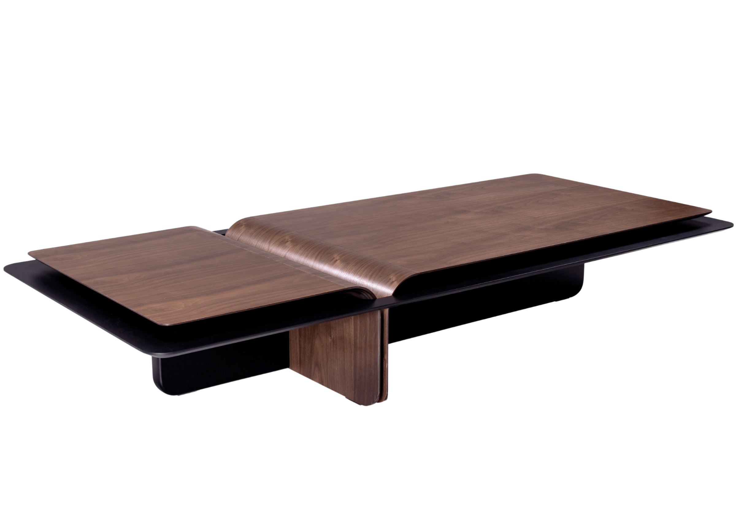 Mesa de centro em madeira nogueira com acabamento em laca preta, estilo sofisticado e moderno para compor salas de estar.