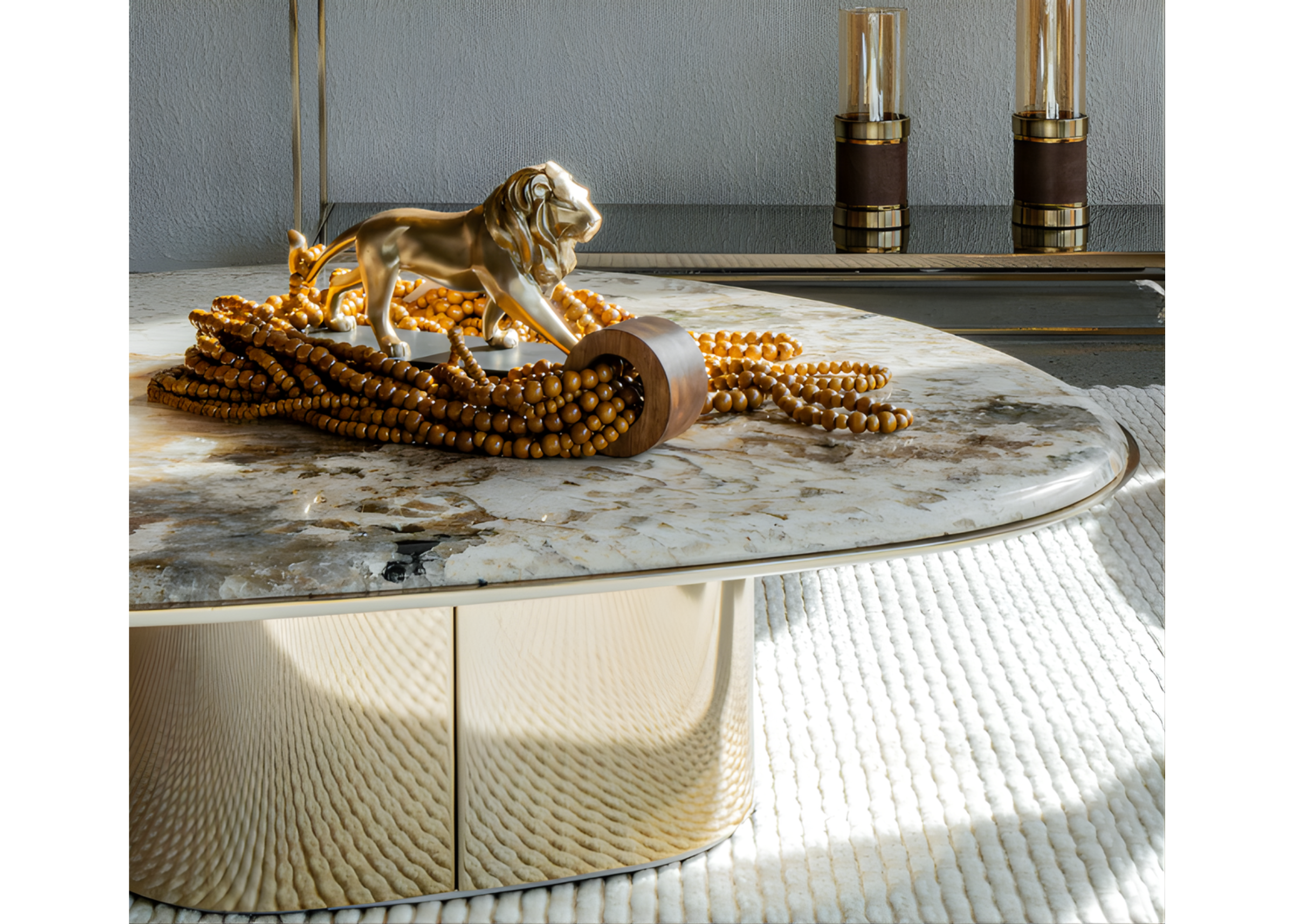 Mesa de centro Majestosa para sala de estar com design luxuoso e detalhes encantadores. Tampo sofisticado e base elegante valorizam o ambiente com requinte e estilo.