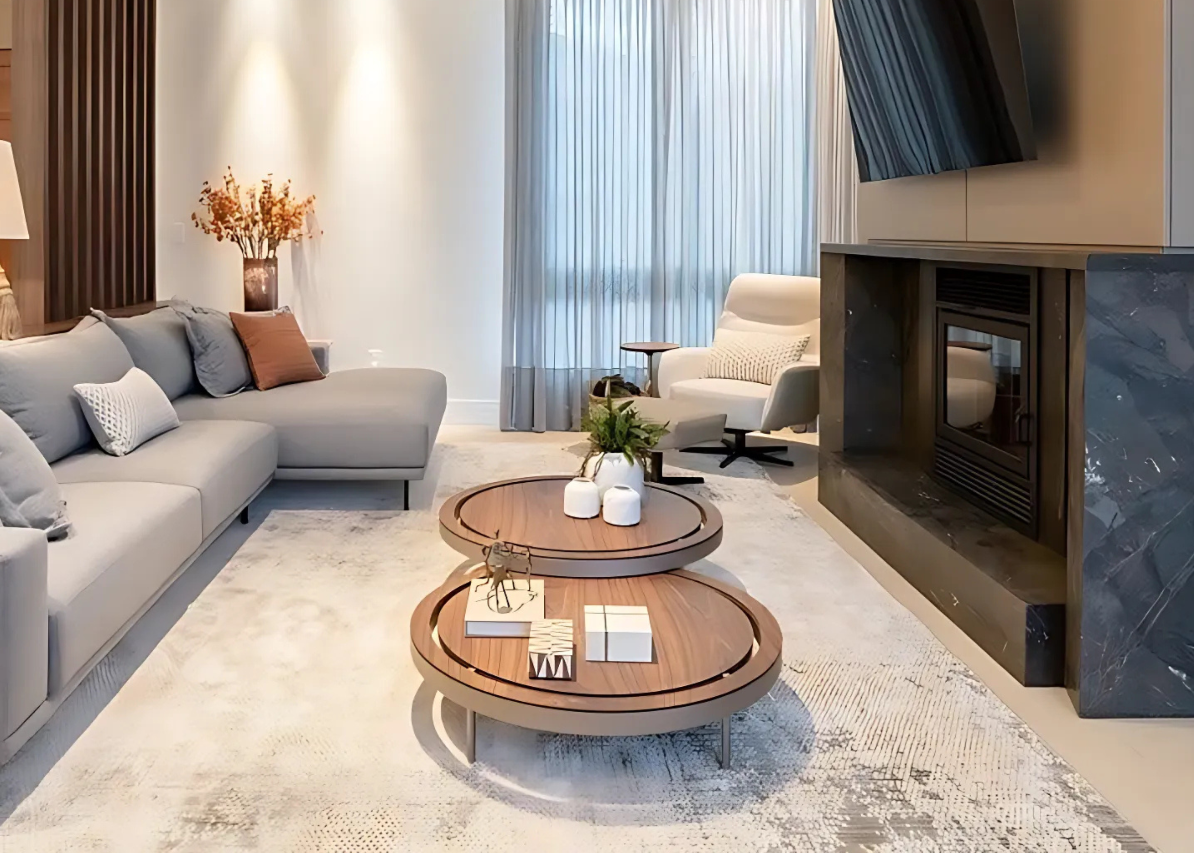 Mesa de centro modelo Frizzo com design moderno, ideal para salas de estar contemporâneas. Estrutura com frisos decorativos e acabamento sofisticado.