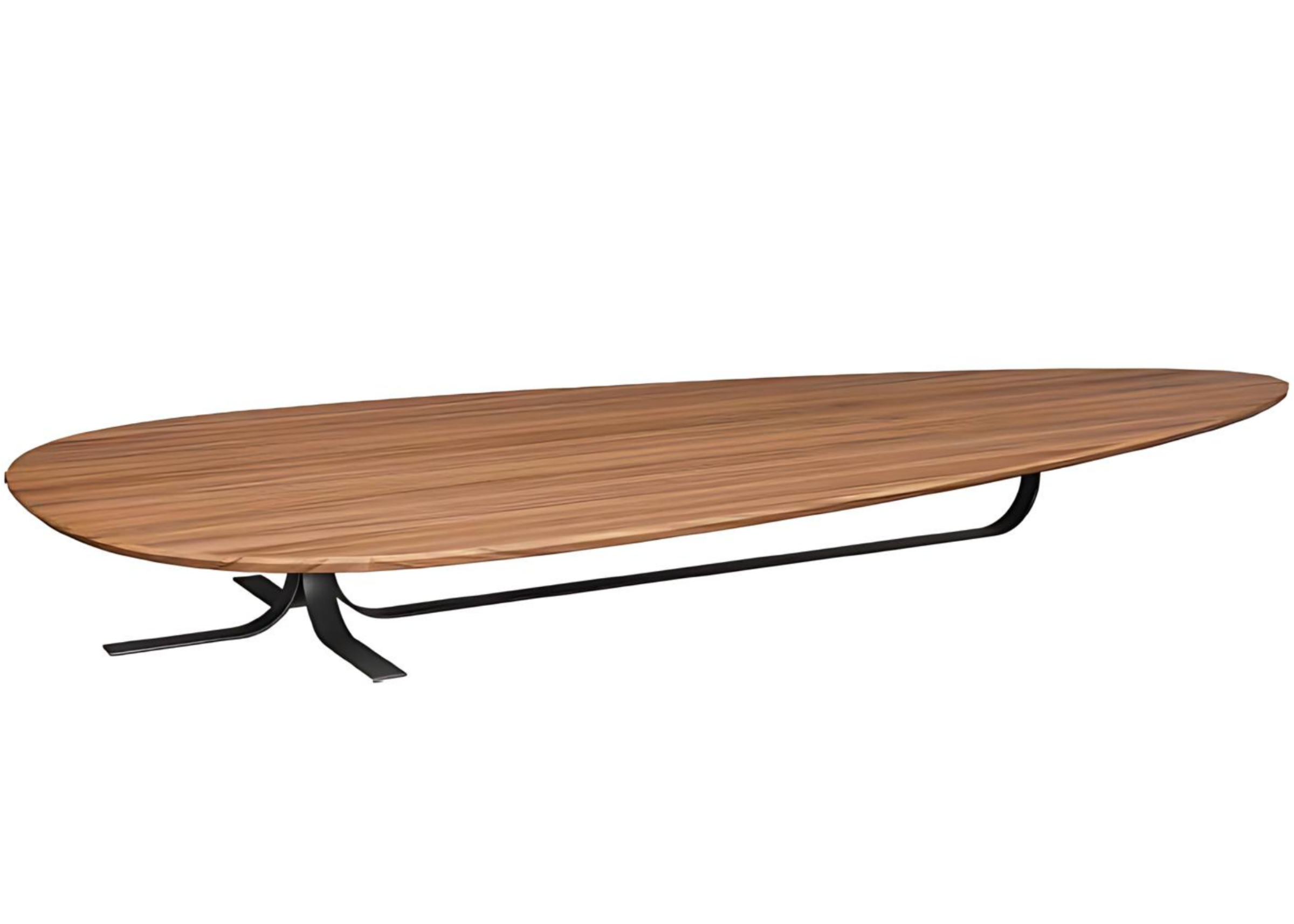 Mesa de centro orgânica modelo Lancer com base em aço carbono preto e tampo em cinamomo mel. Peça contemporânea e elegante para ambientes sofisticados.

