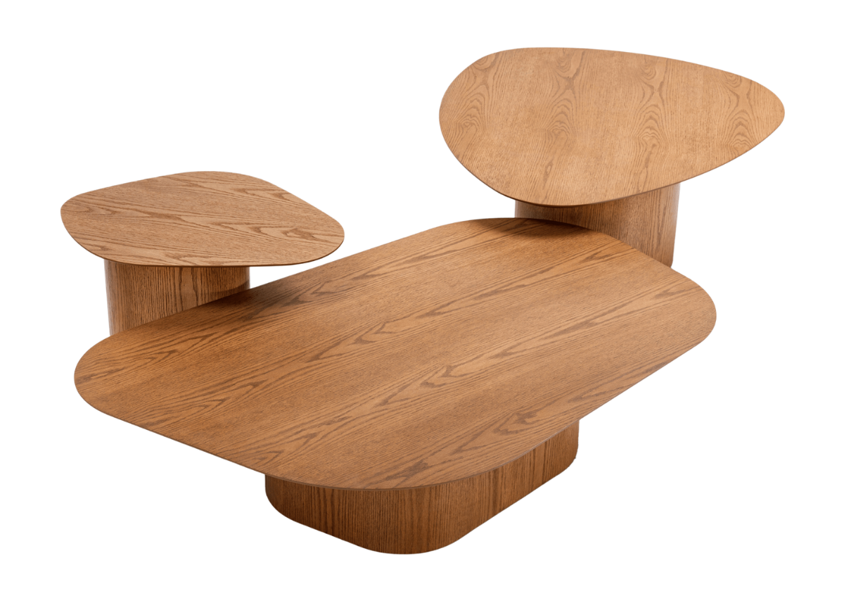 Mesa de centro orgânica Raiver com tampo em carvalho amêndoa e linhas fluídas, vista sobre fundo neutro. Ideal para compor salas com estética natural e contemporânea.
