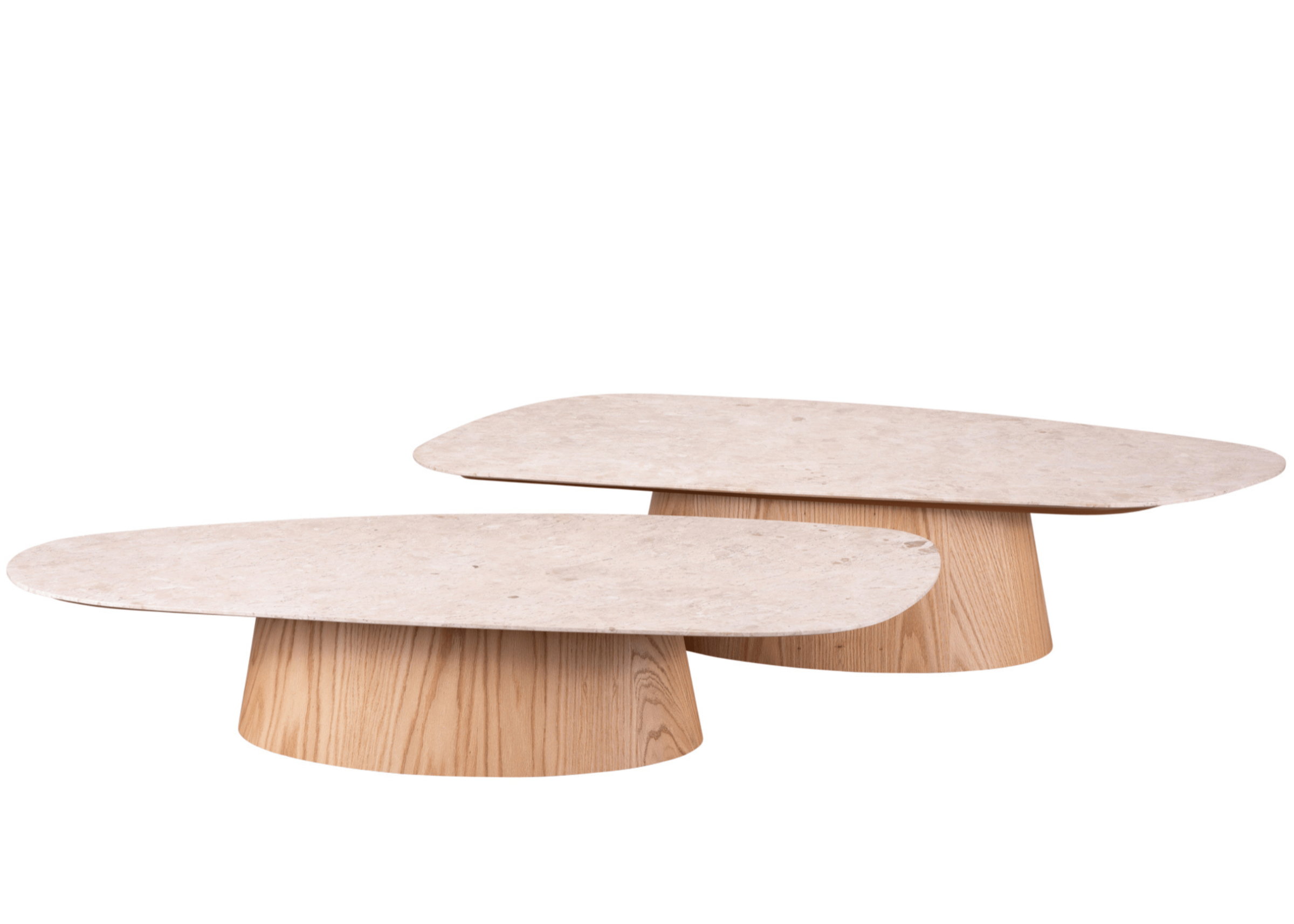 Mesa de centro orgânica modelo Carmen com tampo em mármore travertino e base em carvalho natural. Peça elegante e contemporânea para salas de estar sofisticadas.