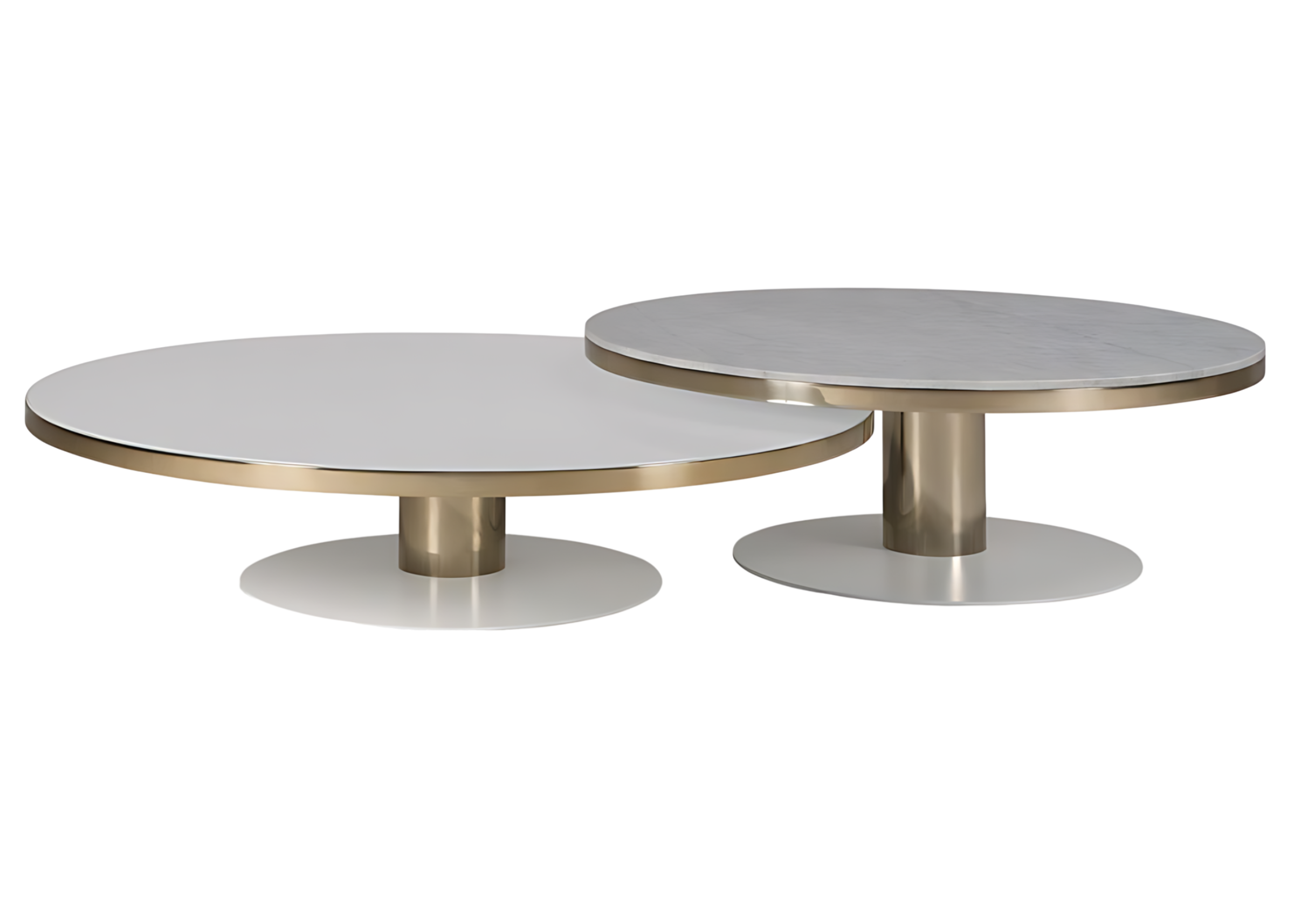 Mesa de centro Paola com acabamento em inox dourado, vista sobre fundo neutro. Design refinado para ambientes sofisticados e modernos.
