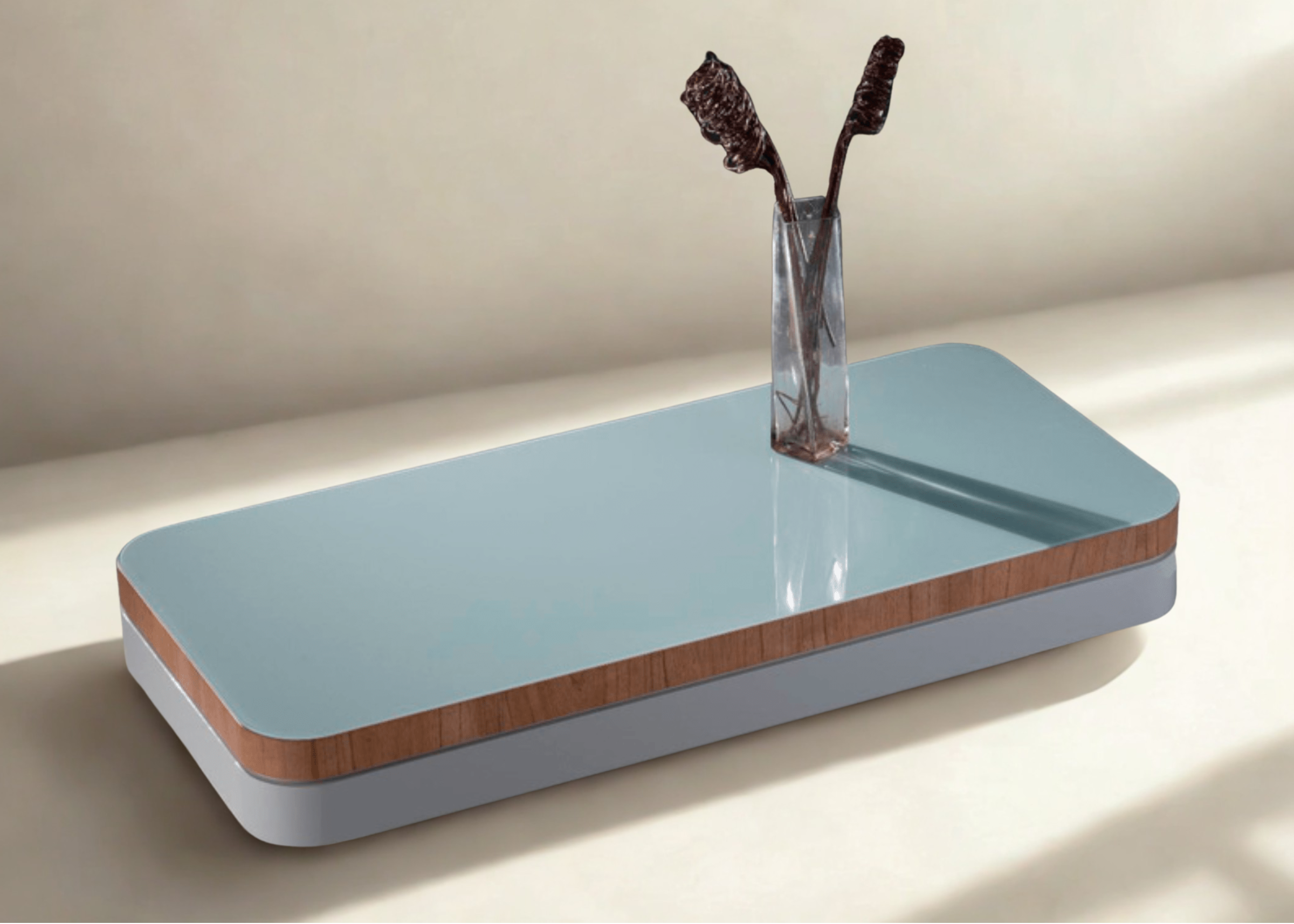 Mesa de centro retangular modelo Kley com tampo em laca branca e detalhe em madeira nogueira. Design elegante e contemporâneo para salas de estar sofisticadas.