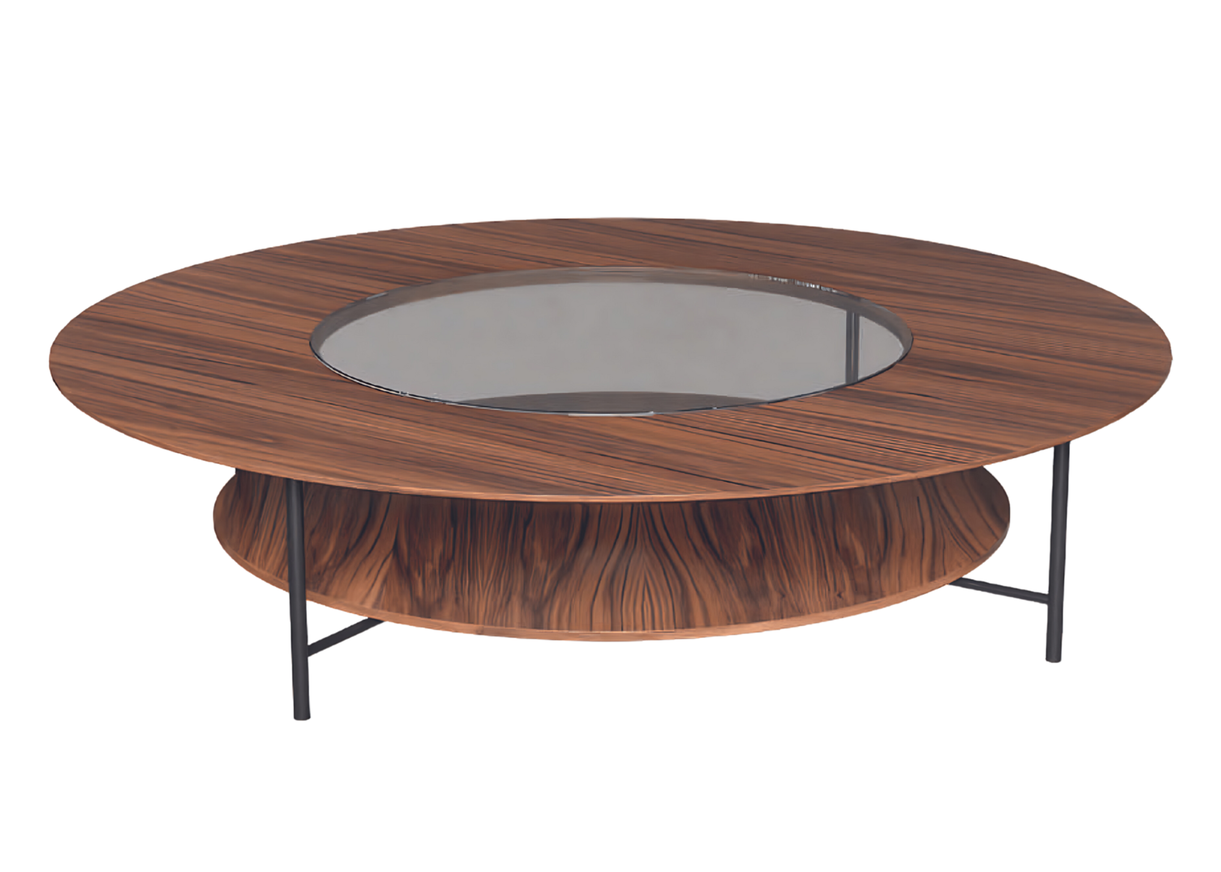 Mesa de centro modelo Sonar, confeccionada em madeira com detalhe central em vidro. Design contemporâneo e refinado, ideal para salas de estar sofisticadas, apresentada sobre fundo neutro.