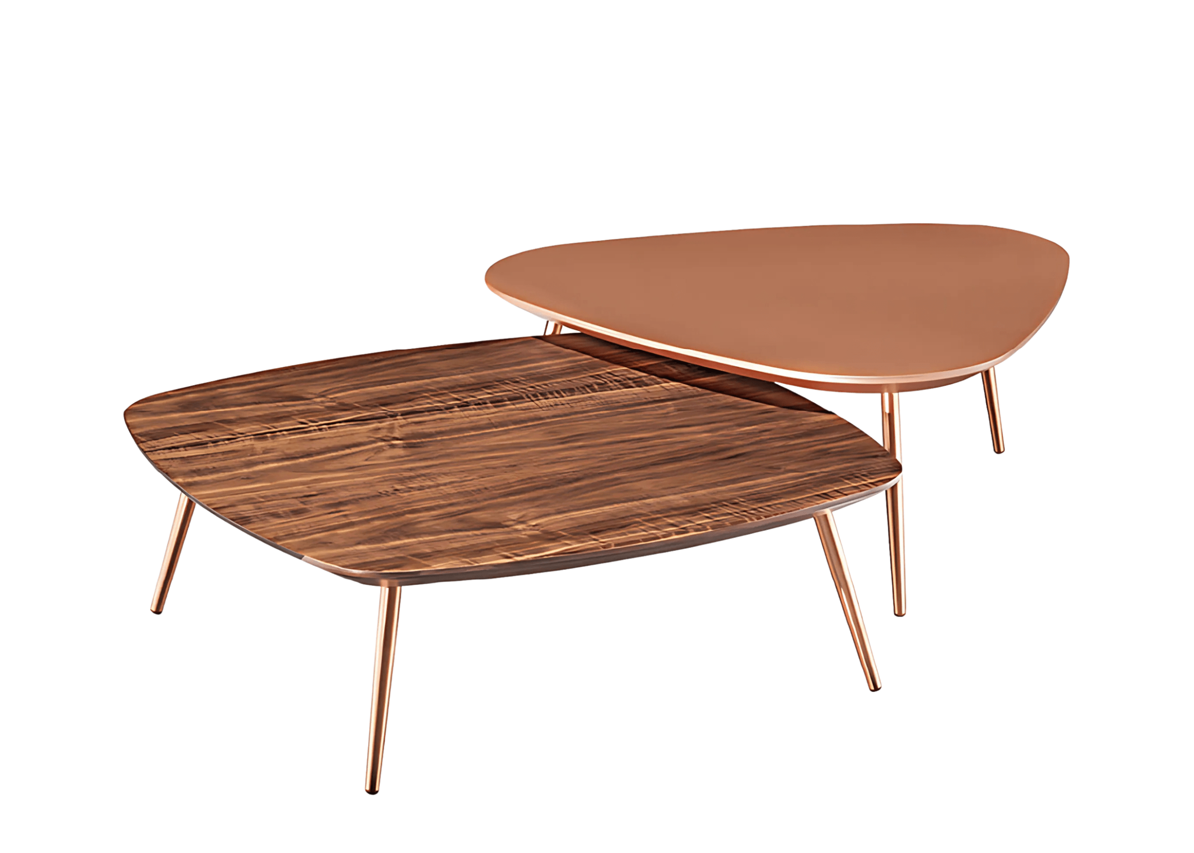 Mesa de centro modelo Still com base metálica dourada e tampo em acabamento sofisticado. Design contemporâneo, ideal para salas de estar elegantes, apresentada sobre fundo neutro.