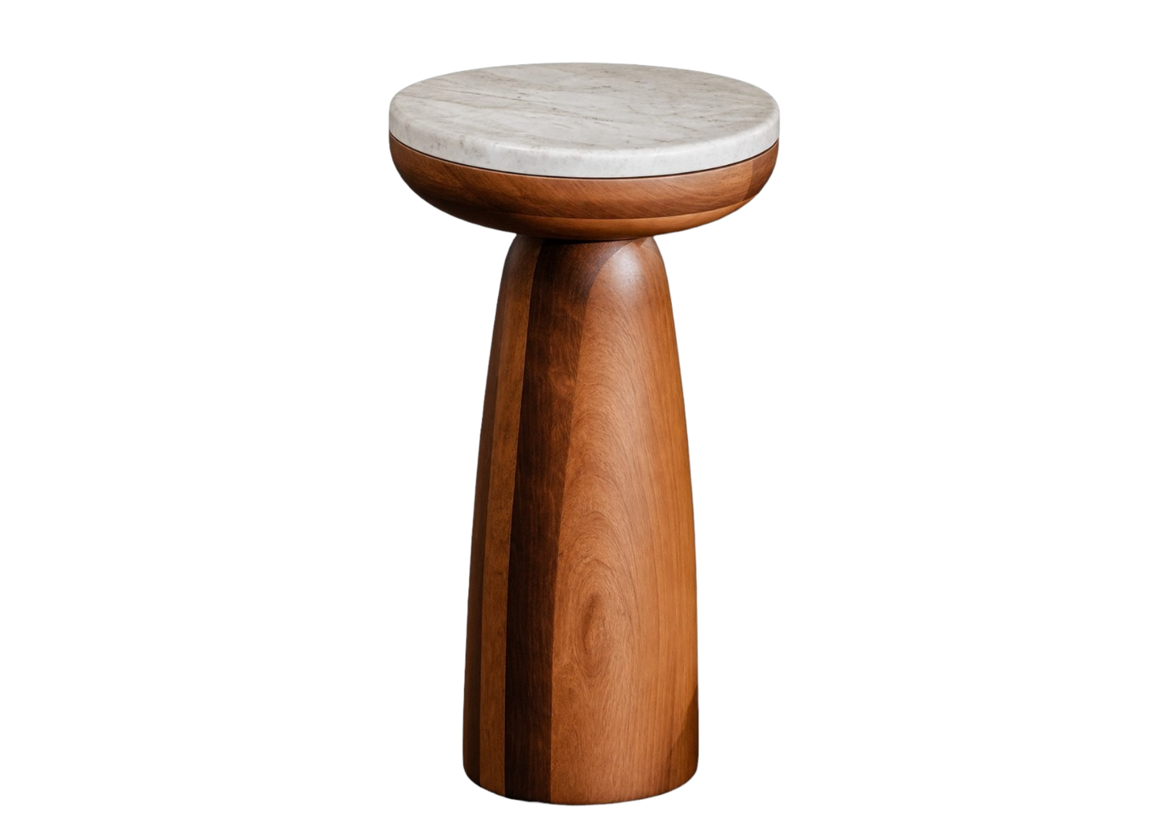 Mesa de Apoio Liam com tampo redondo em mármore travertino e base em madeira, design orgânico e sofisticado para ambientes elegantes.