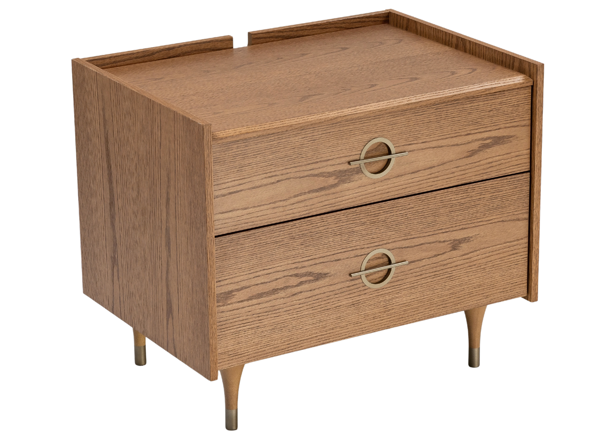 Mesa de Cabeceira Glen em madeira com duas gavetas e detalhes metalizados, design sofisticado para quartos contemporâneos