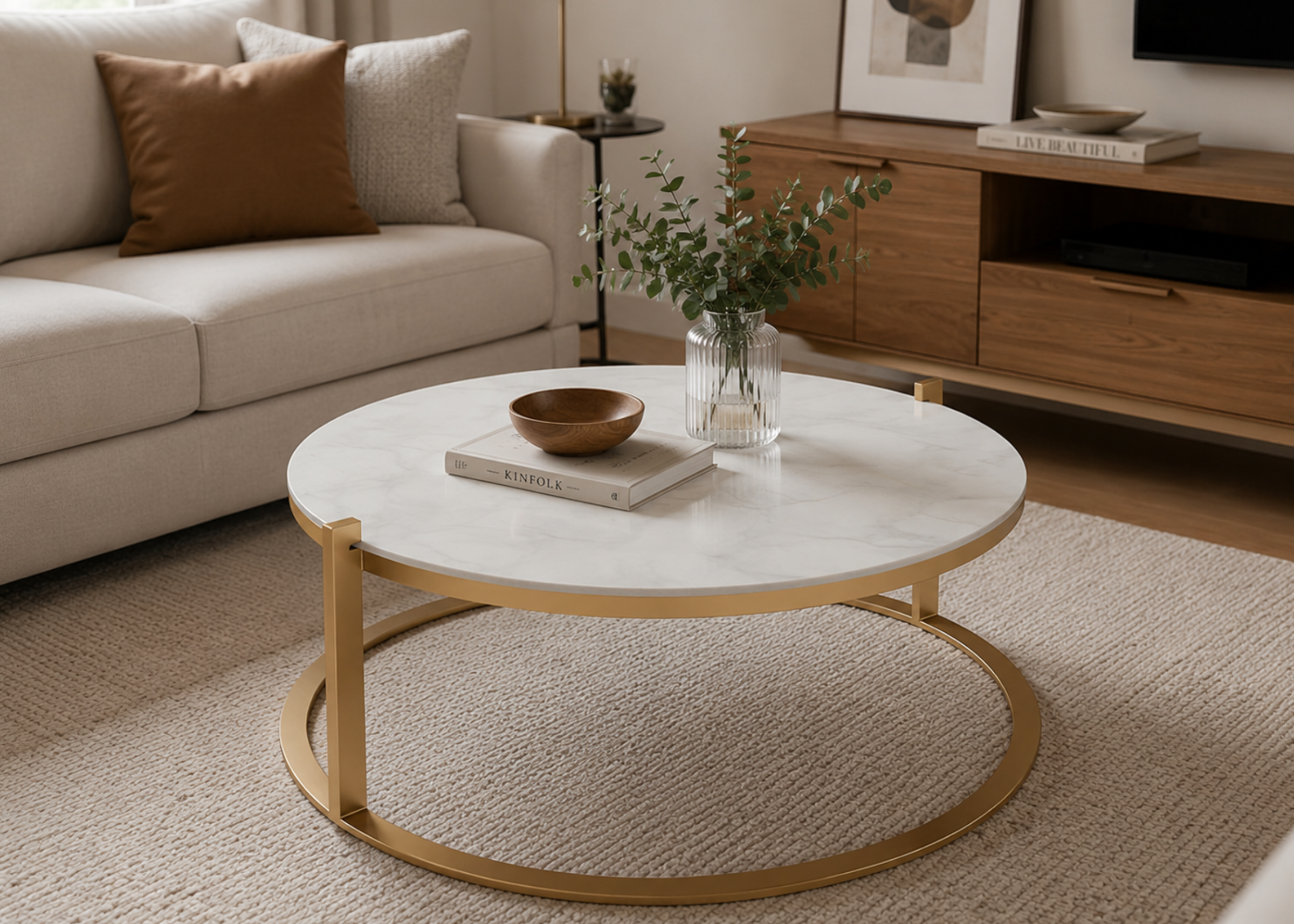 Mesa de centro Abel em sala de estar sofisticada e aconchegante, apresentando design elegante e contemporâneo, ideal para compor ambientes refinados.