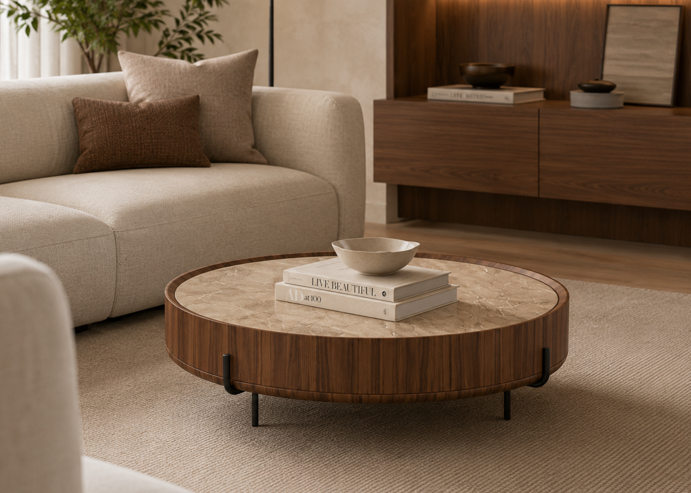 Mesa de centro Lali em sala moderna e sofisticada, apresentando design elegante e contemporâneo, ideal para compor ambientes refinados.