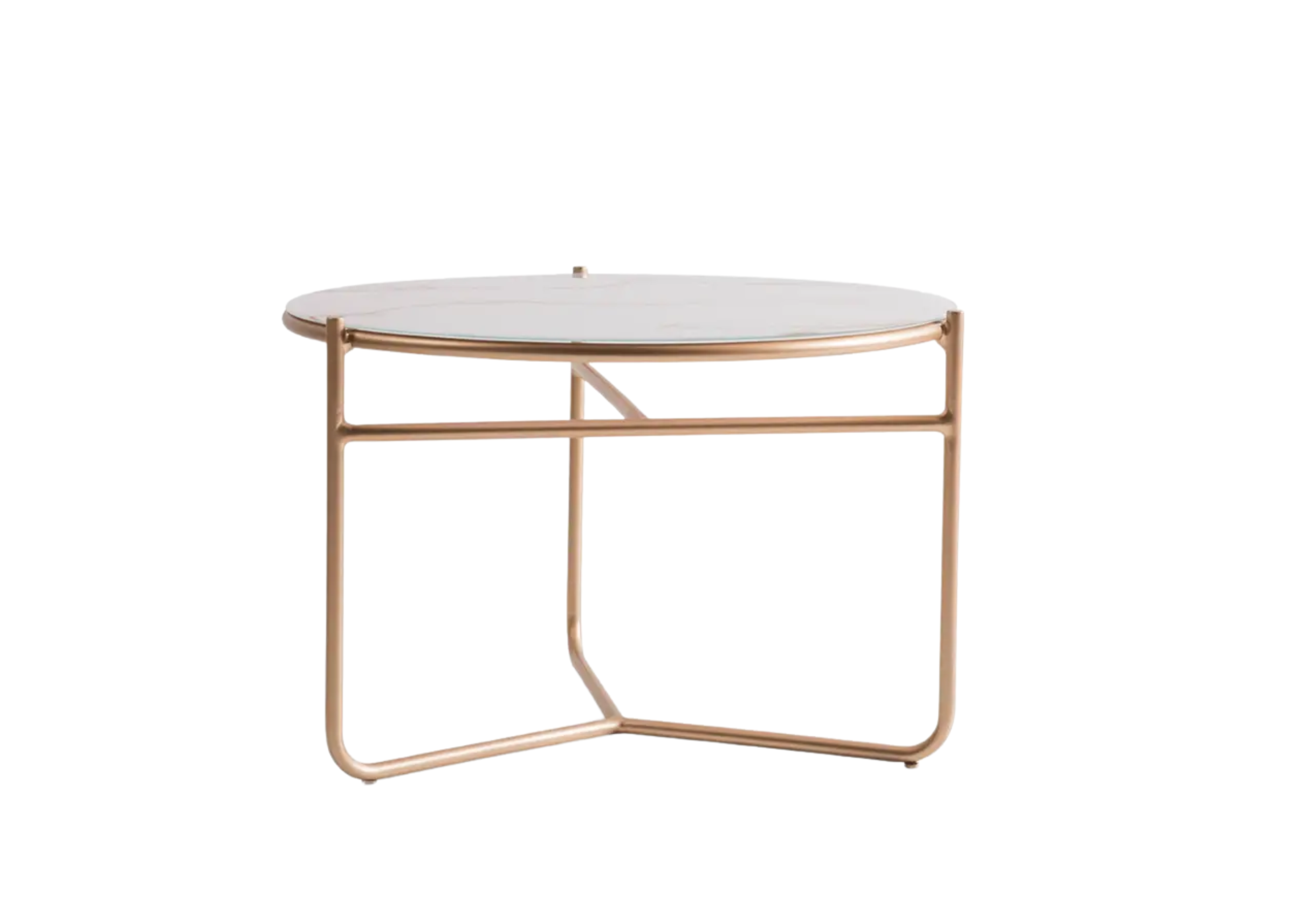 Mesa de centro Muriel com base em aço carbono gold e tampo em vidro marmorizado, apresentando design elegante e sofisticado, ideal para compor ambientes modernos e refinados.