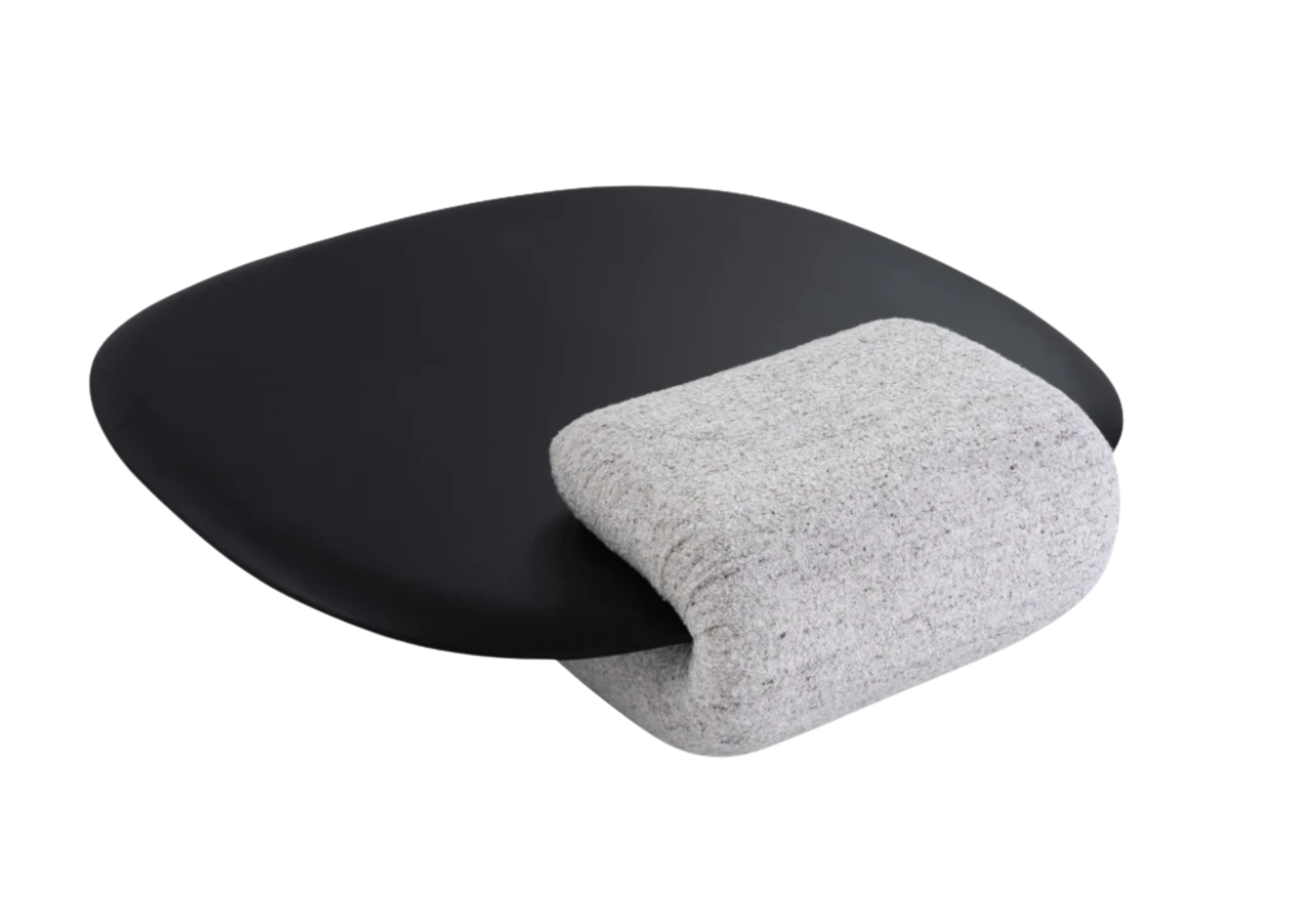 Mesa de centro Nautilus com base revestida em tecido boucle cinza e tampo em madeira ebanizada, ideal para salas de estar sofisticadas e contemporâneas.