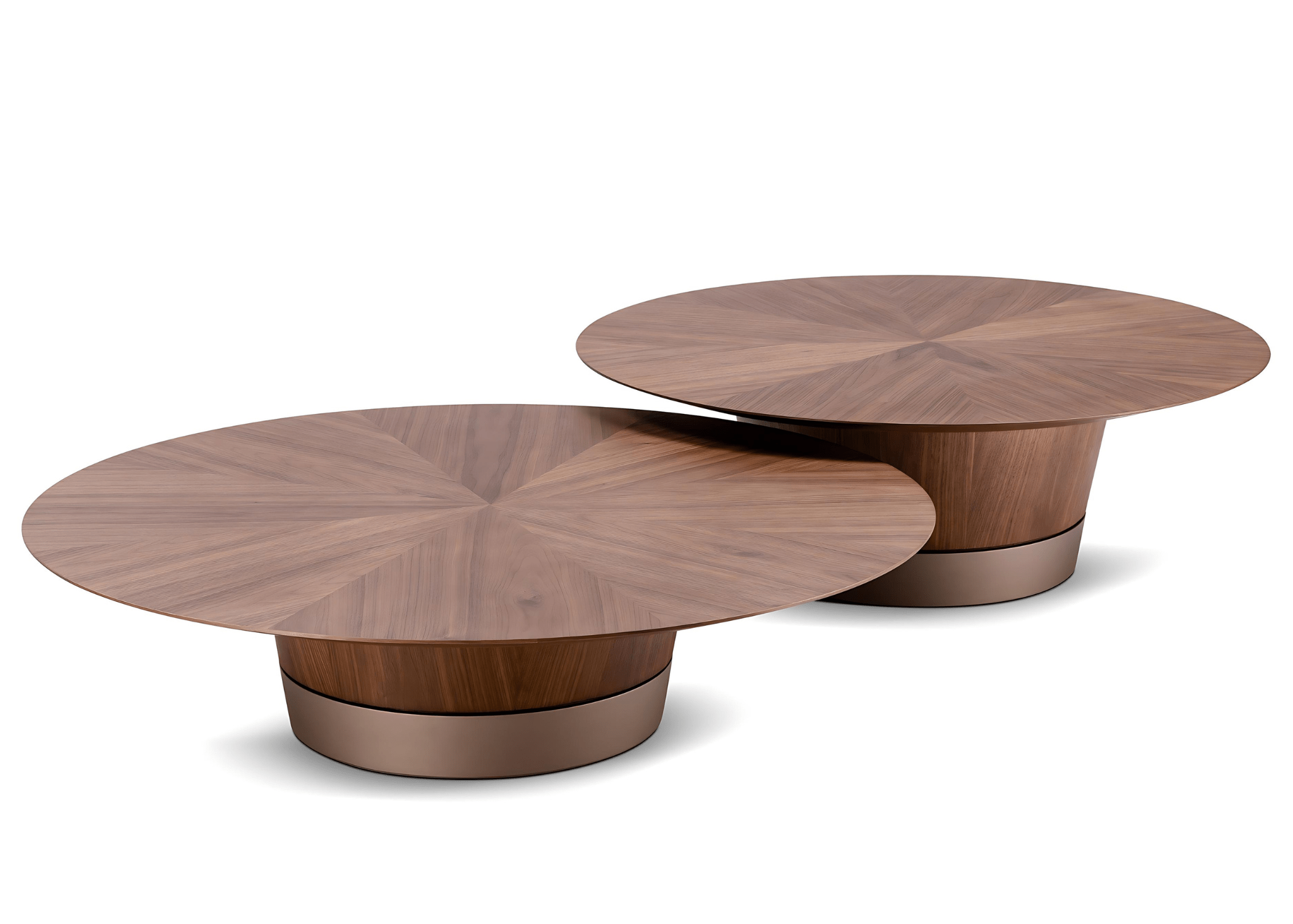 Mesa de Centro Aruba com tampo redondo de madeira espinhado, realçando sua elegância e design contemporâneo.