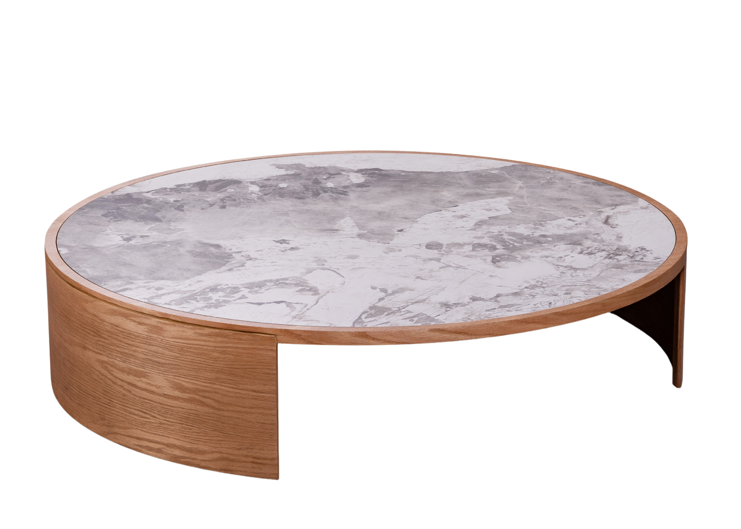 Mesa de Centro Redonda Zeus com tampo es TS e base em madeira para salas contemporâneas sofisticadas