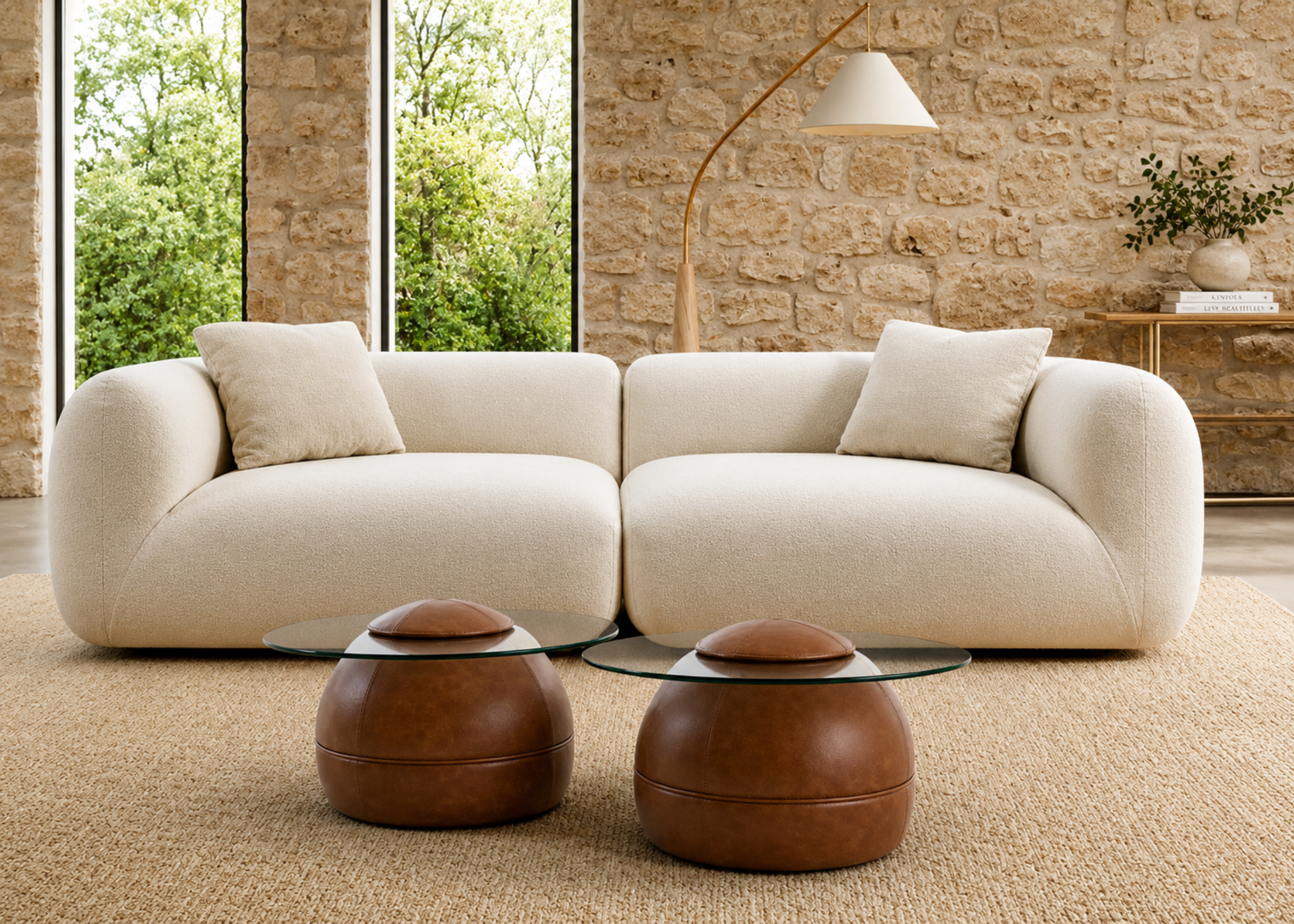 Mesa de centro Stella em sala de estar magnífica e luxuosa, com revestimento em couro caramelo e tampo em vidro, apresentando design elegante e sofisticado para ambientes refinados.
