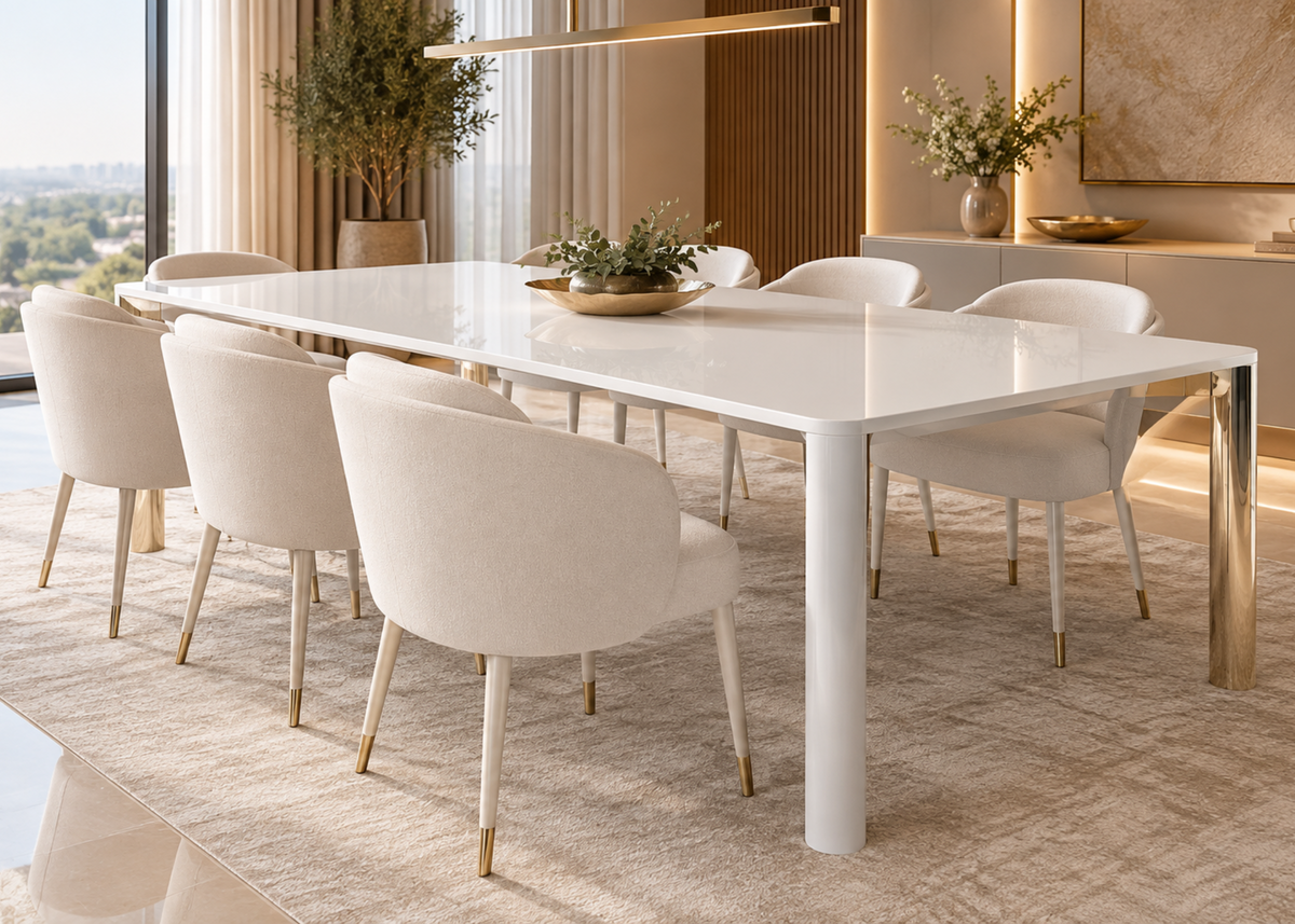 Mesa de jantar Channel em sala de jantar sofisticada, com detalhes encantadores e design elegante, ideal para compor ambientes modernos e refinados.