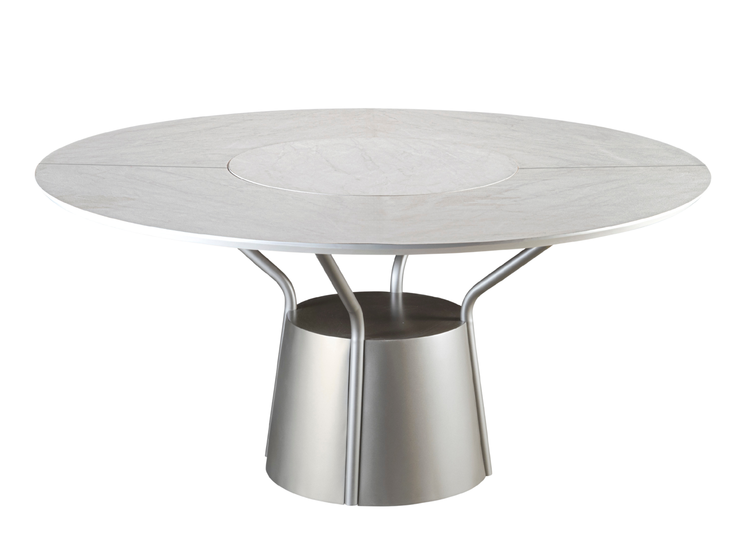 Mesa de jantar Chipre com tampo giratório, tampo TS e base metalizada, apresentando design elegante e sofisticado, ideal para compor salas de jantar modernas e refinadas.