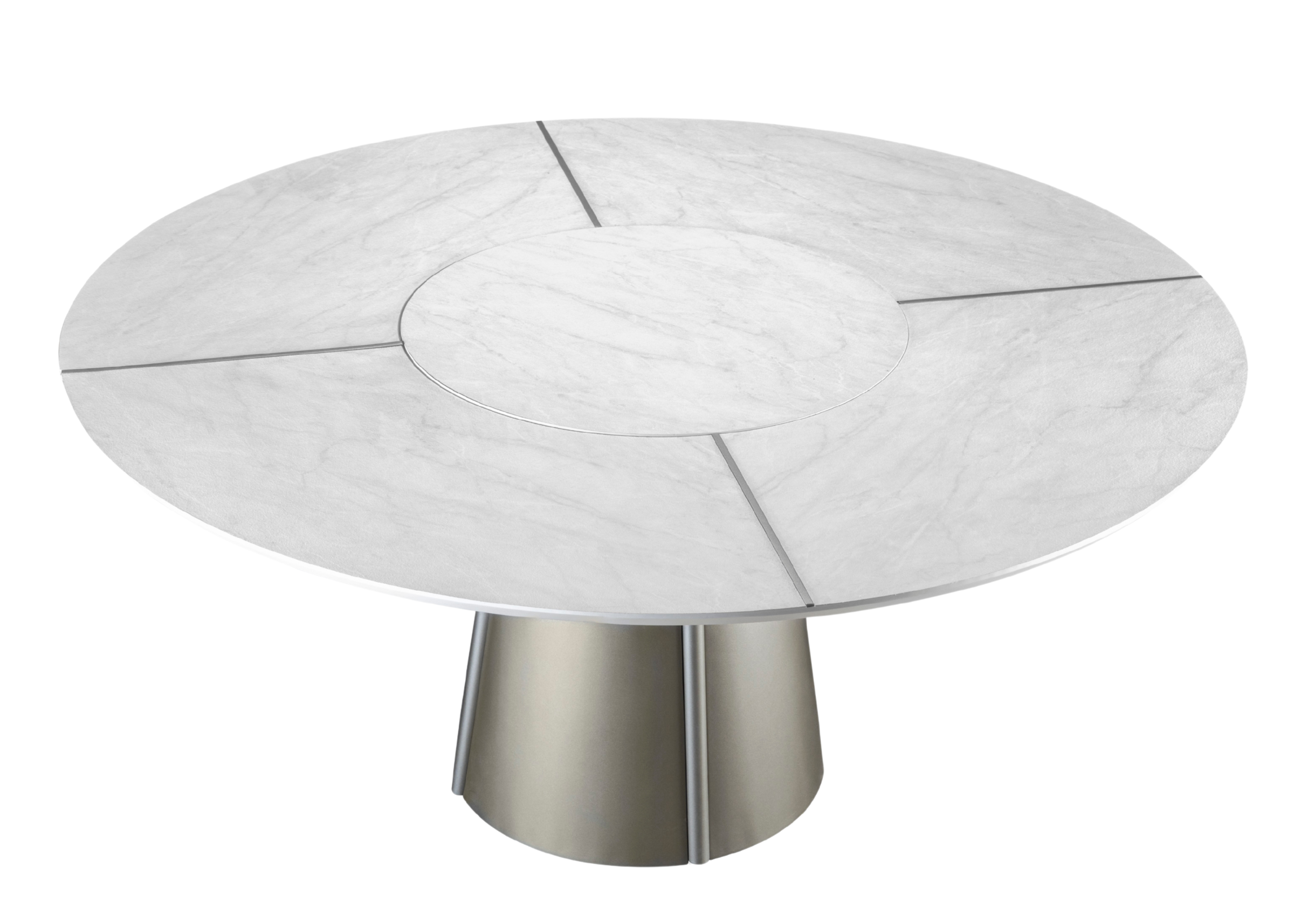 Mesa de jantar Chipre com tampo giratório em TS e detalhes na base metalizada, apresentando design elegante e sofisticado, ideal para compor salas de jantar modernas e refinadas.