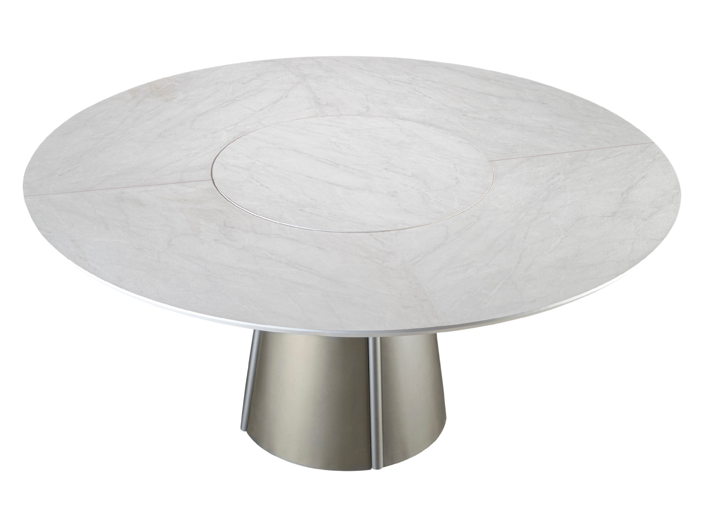 Mesa de jantar Chipre com tampo giratório em TS, apresentando design sofisticado e elegante, ideal para compor salas de jantar modernas e refinadas.