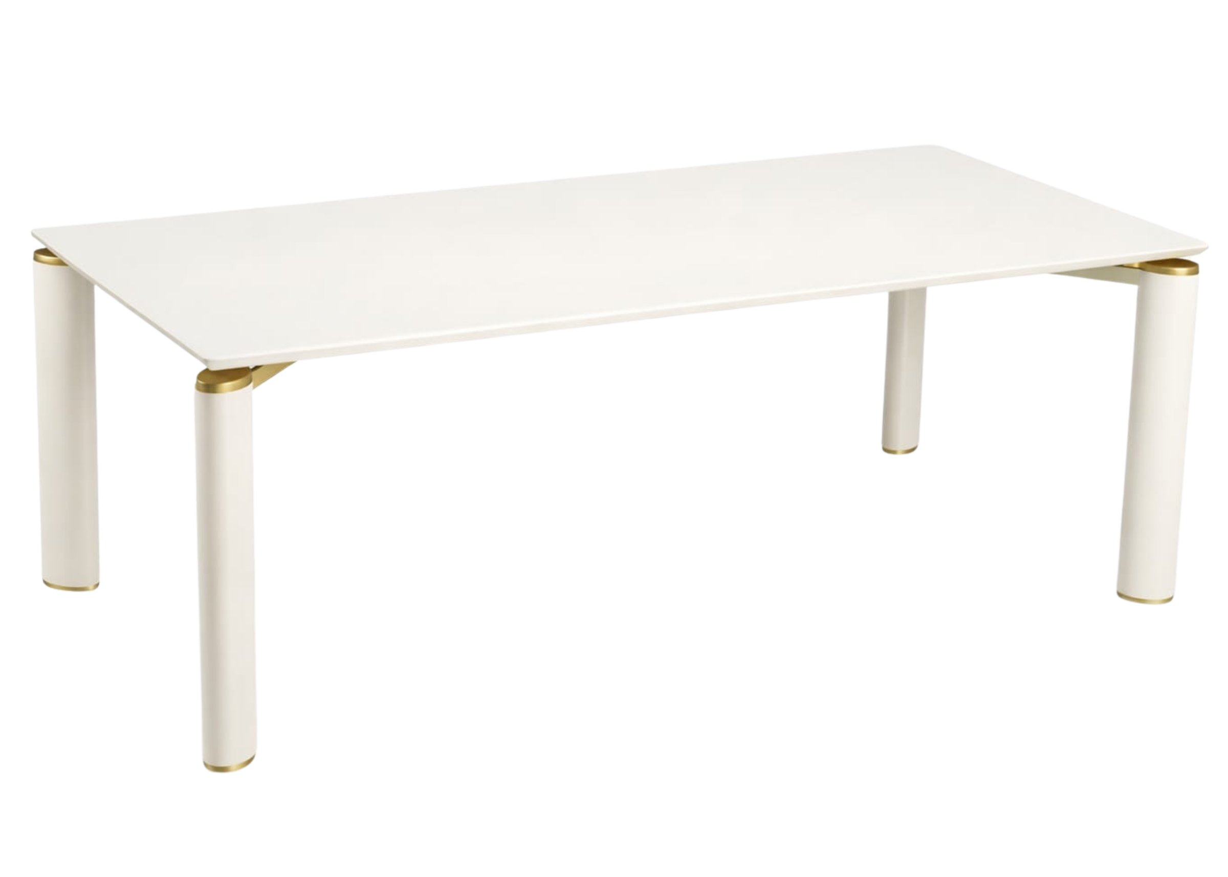 Mesa de jantar Divine com acabamento laqueado branco e detalhe dourado, apresentando design elegante e sofisticado, ideal para compor salas de jantar modernas e refinadas.
