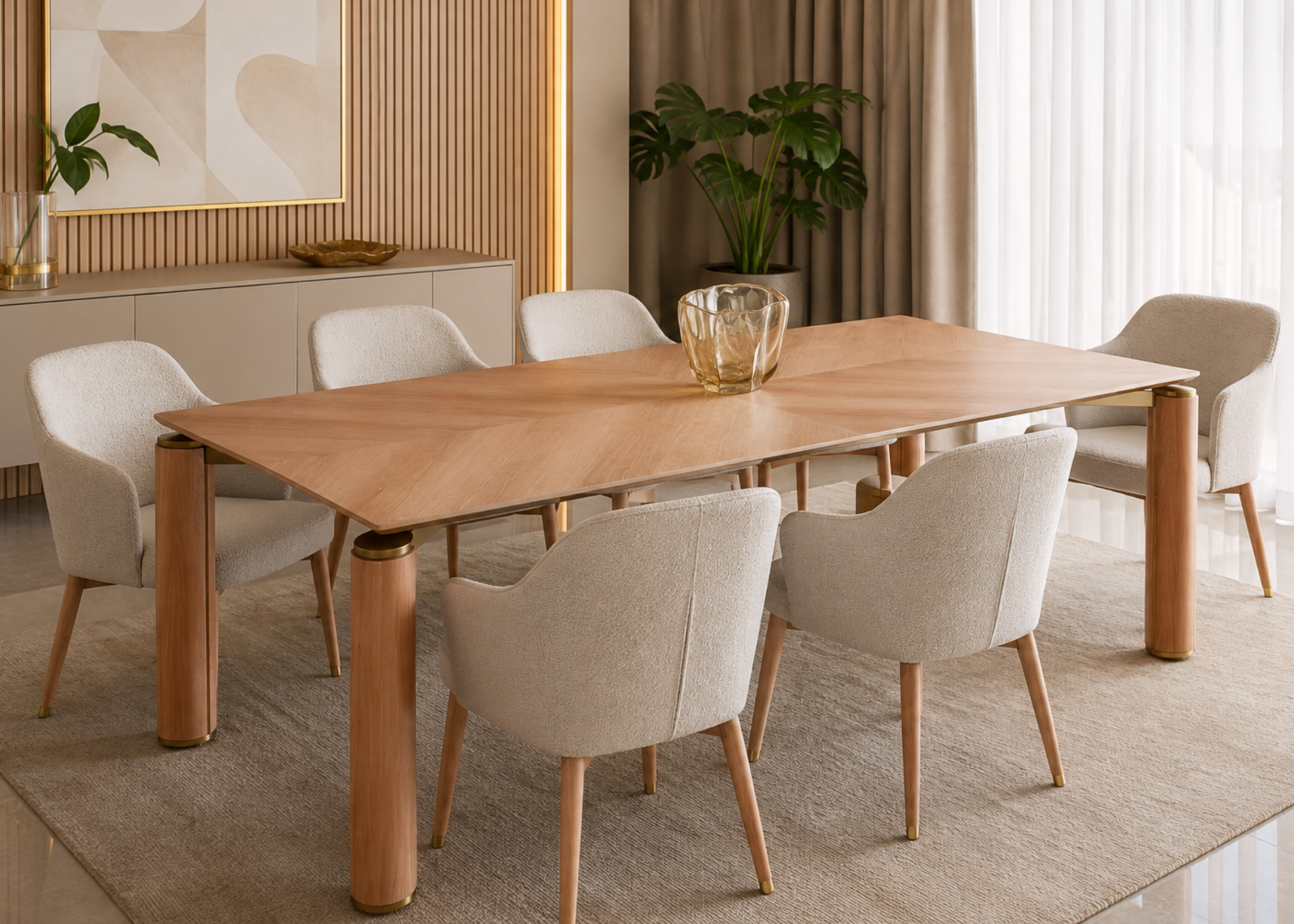 Mesa de jantar Divine em sala de jantar elegante e decorada, apresentando design sofisticado e contemporâneo, ideal para compor ambientes refinados e acolhedores.