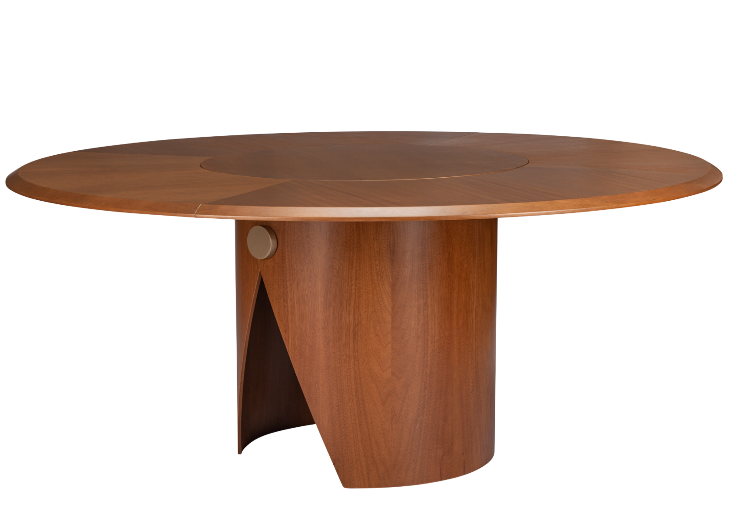 Mesa de jantar Fonte com estrutura laminada e tampo com centro giratório, apresentando design elegante e sofisticado, ideal para compor salas de jantar modernas e refinadas.