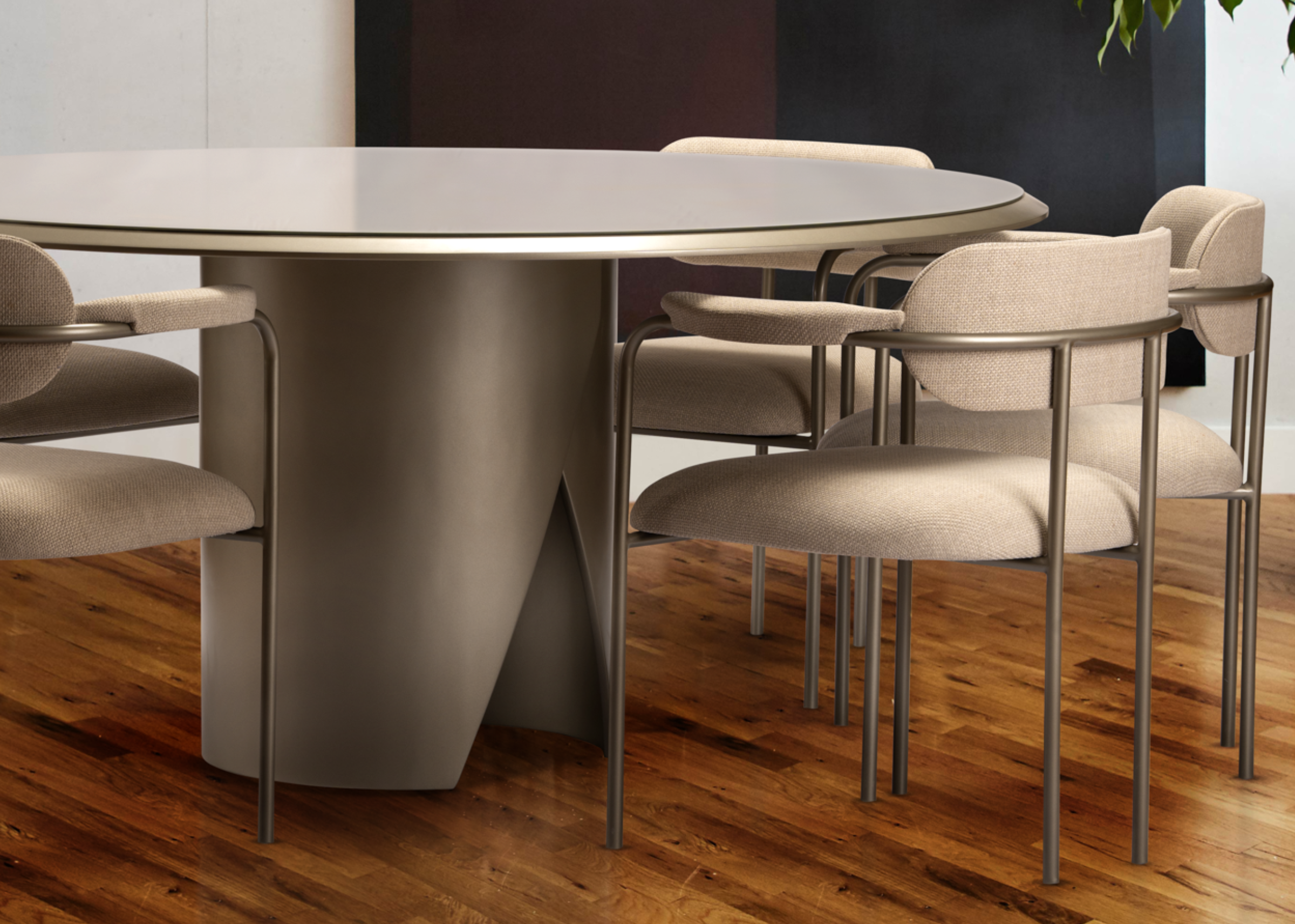 Mesa de jantar Fonte com detalhe metalizado, apresentando design luxuoso e sofisticado, ideal para compor ambientes modernos e refinados.