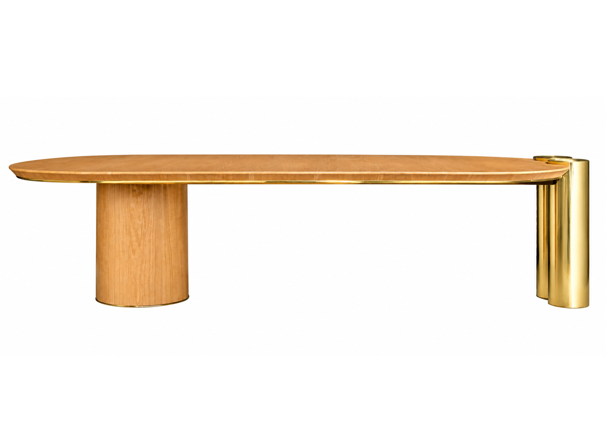 Mesa de Jantar Lizzie com tampo em MDF em lâmina de madeira e bases cilíndricas, ideal para salas de jantar elegantes