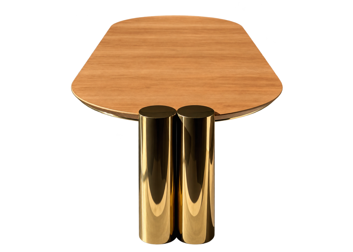 Detalhe da Mesa de Jantar Lizzie com acabamento em lâmina de madeira e base cilíndrica em aço inox sofisticado