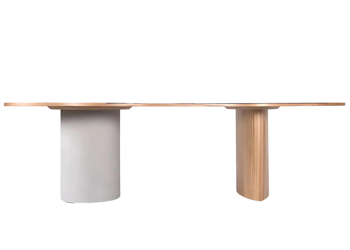 Mesa de jantar orgânica Wave com detalhe de base cilíndrica em acabamento concreto, apresentando design sofisticado e elegante, ideal para compor ambientes modernos e refinados.