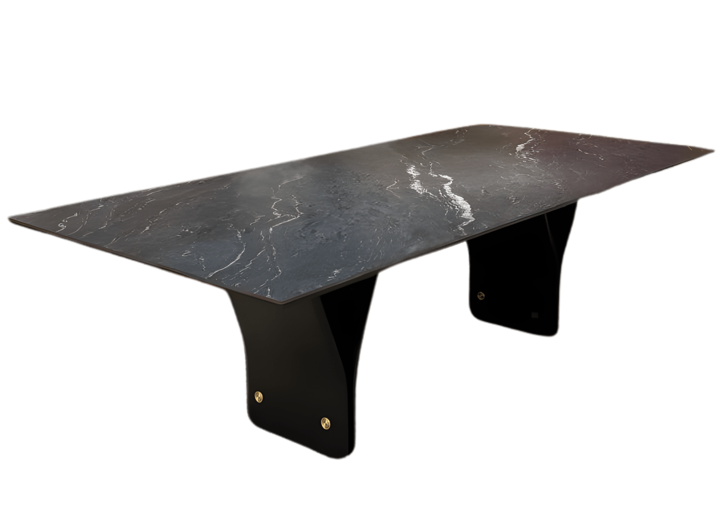 Mesa Still com tampo em pedra sinterizada e base em MDF preto, design moderno e elegante para sala de jantar sofisticada com textura natural e acabamento de alta resistência.
