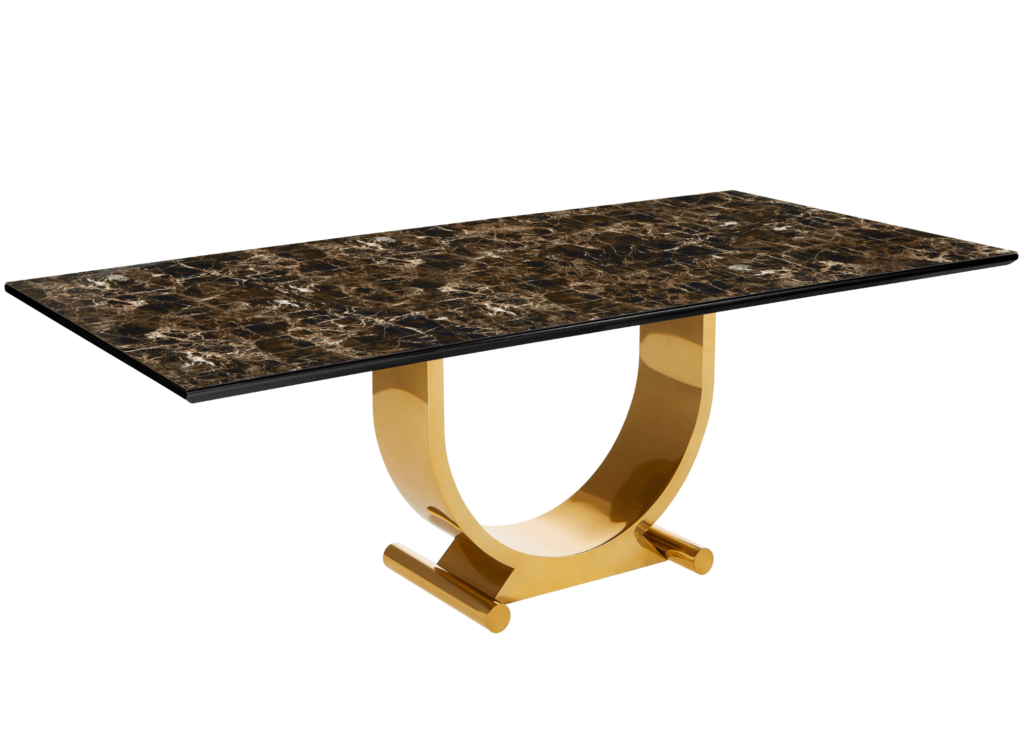 Mesa de Jantar Talismã com base em formato U em aço inox 304, estrutura moderna e resistente para ambientes refinados.