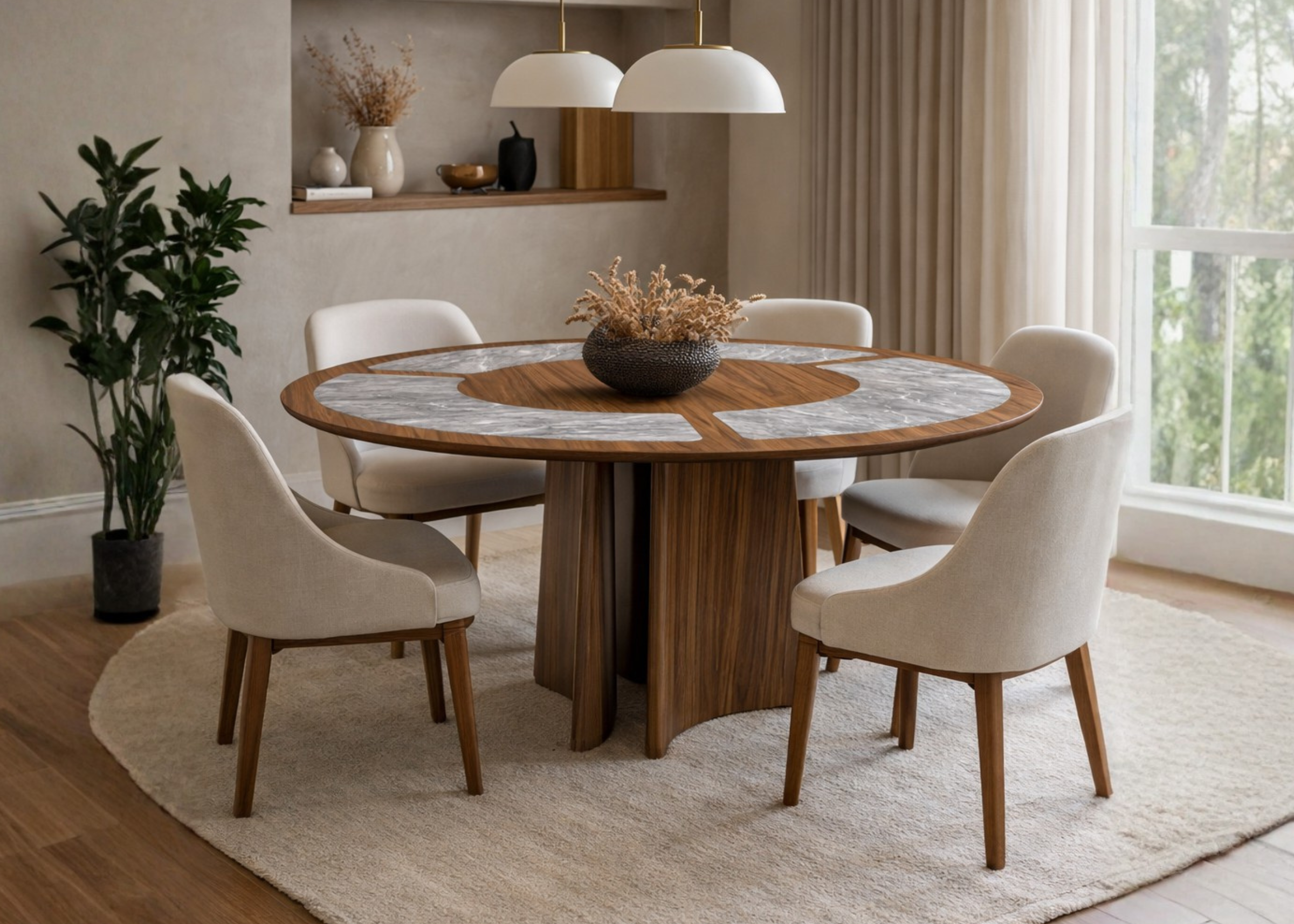 Mesa de jantar Thor em sala elegante e sofisticada, apresentando design contemporâneo e refinado, ideal para compor ambientes modernos.