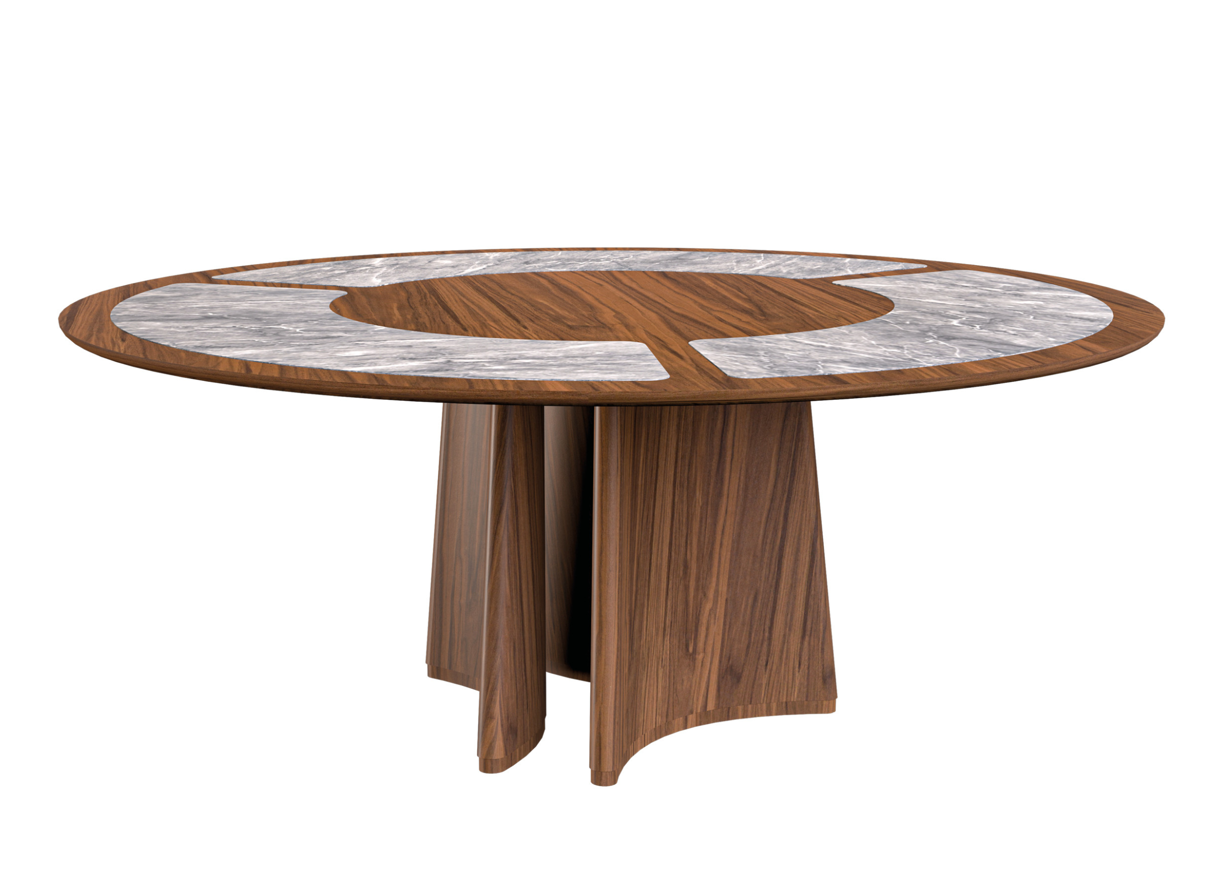 Mesa de jantar Thor com tampo em lâmina de madeira e detalhe TS, apresentando design elegante e sofisticado, ideal para compor salas de jantar modernas e refinadas.