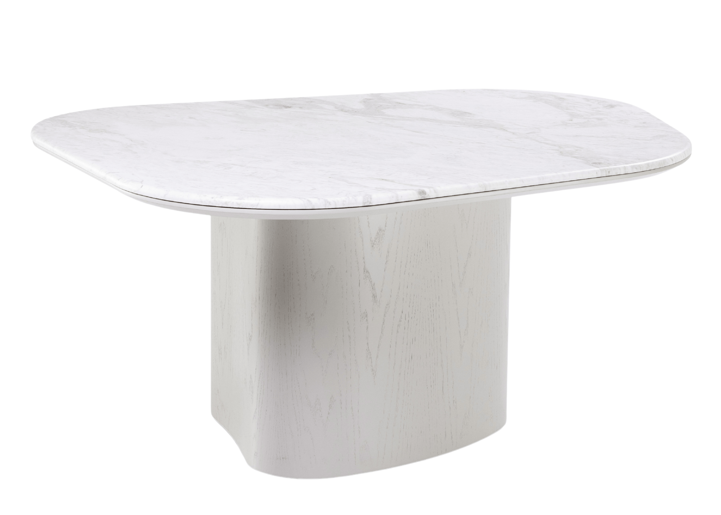 Detalhe da base da Mesa de Jantar Glen em lâmina de madeira com design curvo e acabamento sofisticado.