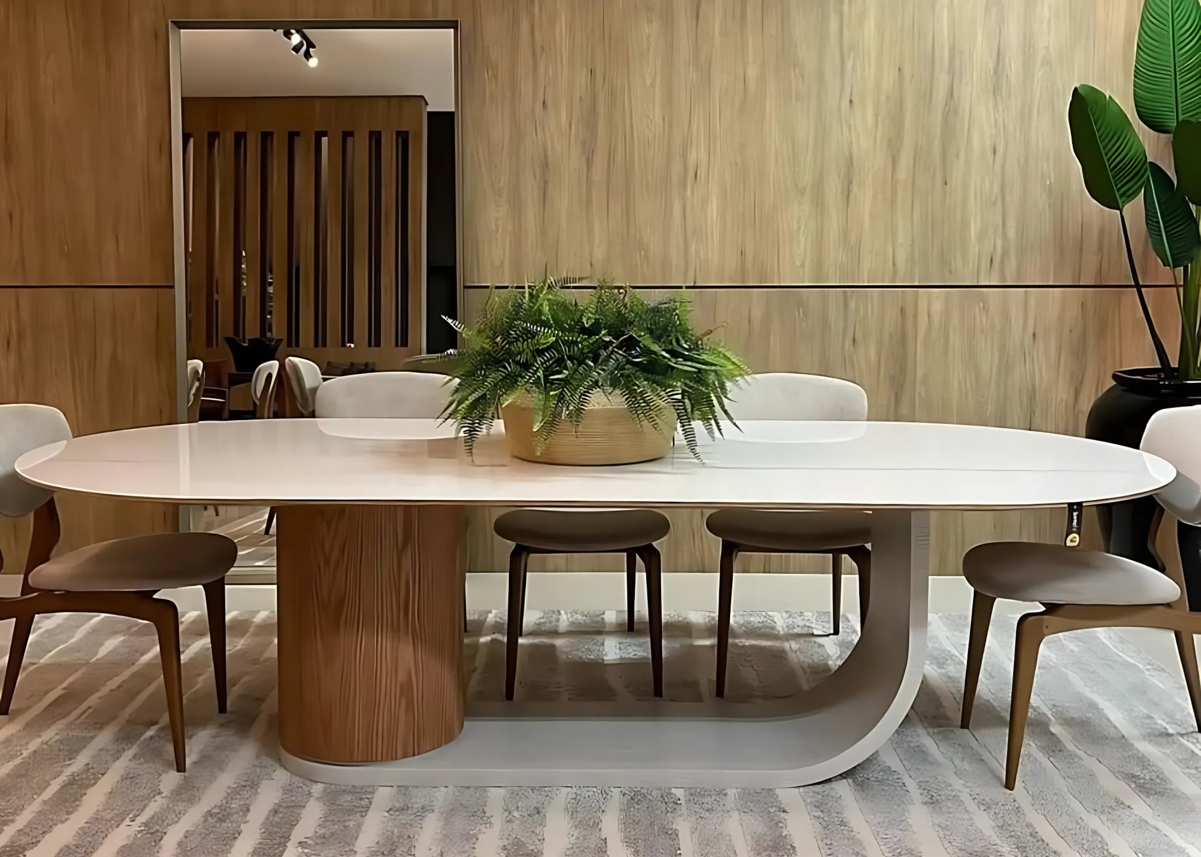 Mesa de jantar Valetto com base cilíndrica em madeira freijó e tampo laqueado branco. Detalhe da base em carvalho off white. Design clean e sofisticado para ambientes contemporâneos.
