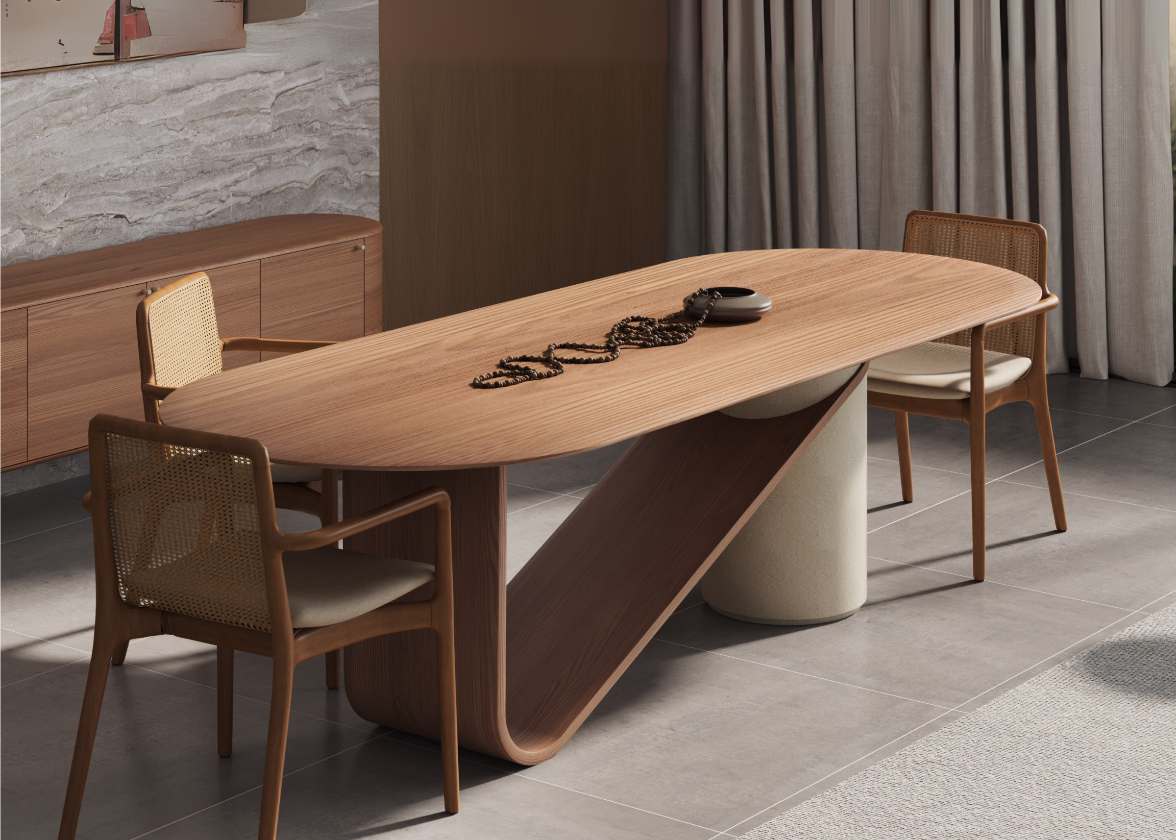 Mesa de jantar com base cilíndrica e tampo em carvalho mel. Design contemporâneo e elegante, ideal para ambientes sofisticados, apresentada sobre fundo neutro.