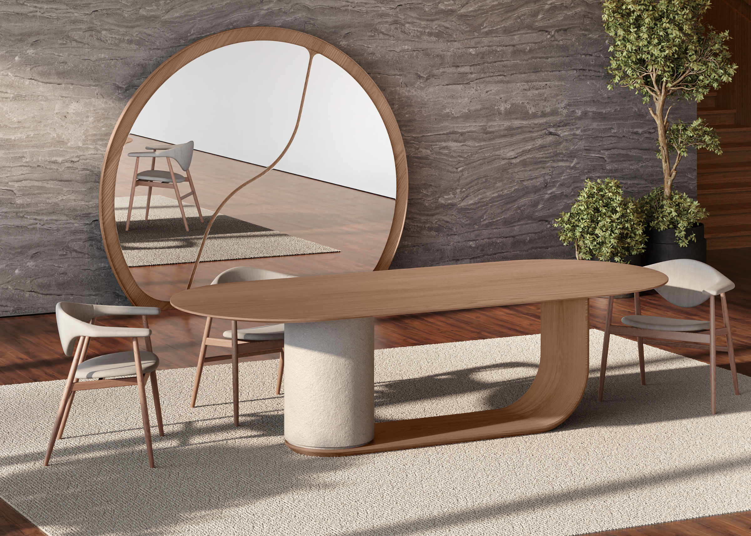 Mesa jantar Valetto oval com tampo e base em lâmina de carvalho forato, design imponente e sofisticado, ideal para compor salas de jantar luxuosas.