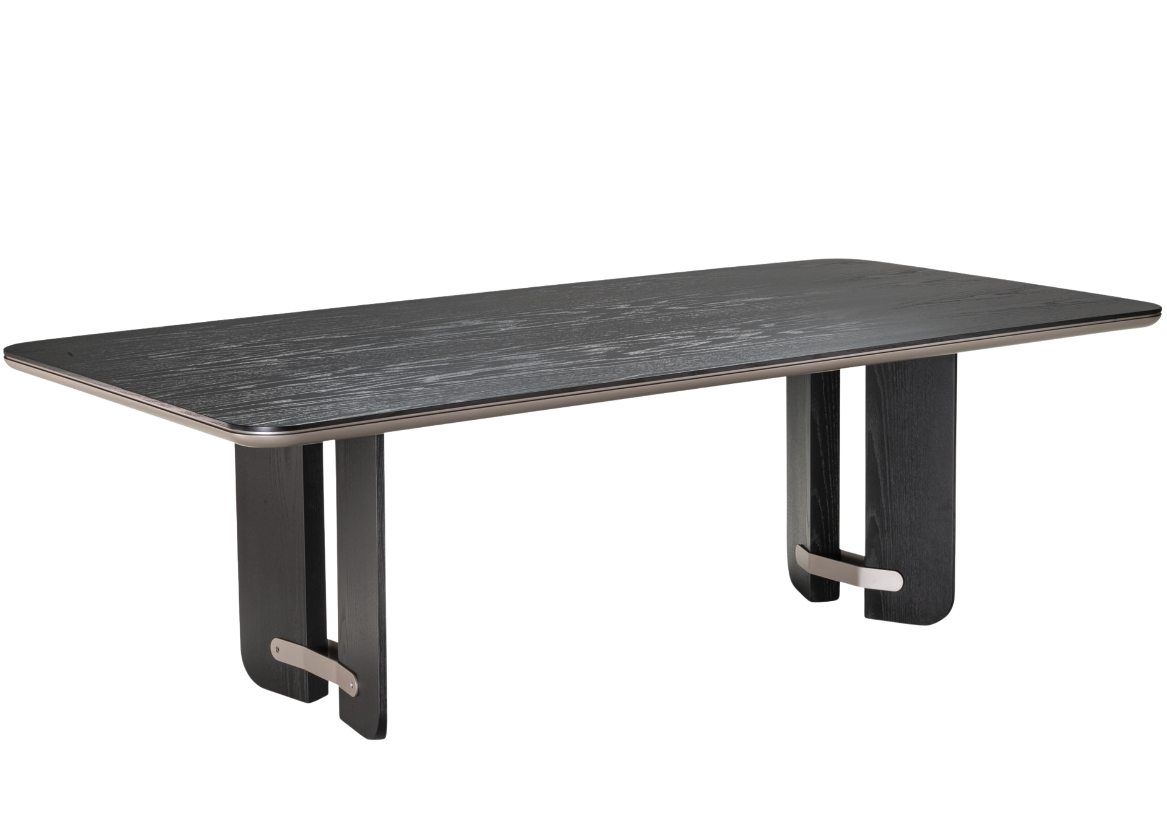 Mesa de jantar em carvalho preto com formato retangular e detalhe metalizado. Sofisticação e modernidade para compor ambientes elegantes.