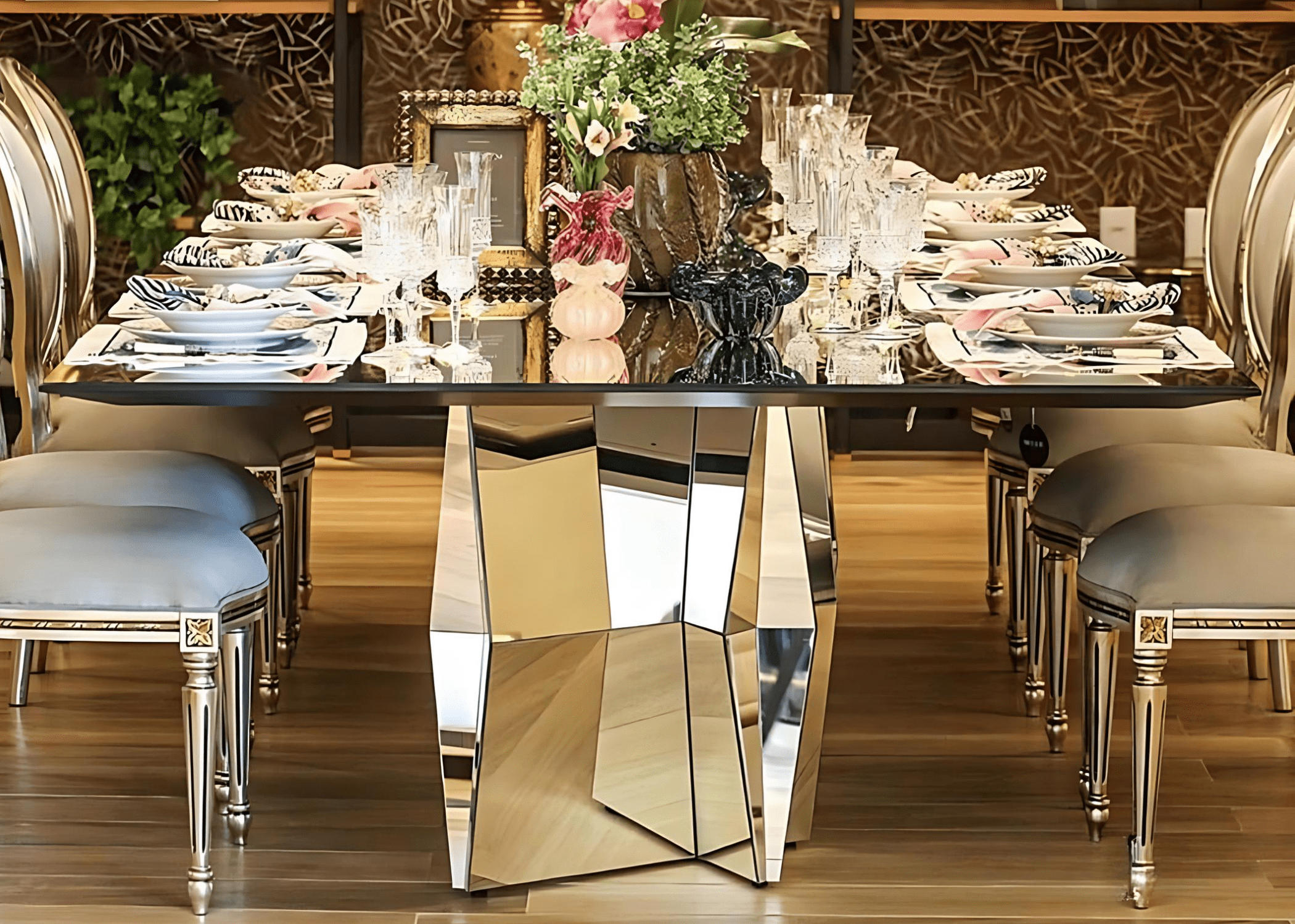 Mesa de jantar Duquesa espelhada com design elegante que valoriza ambientes sofisticados.