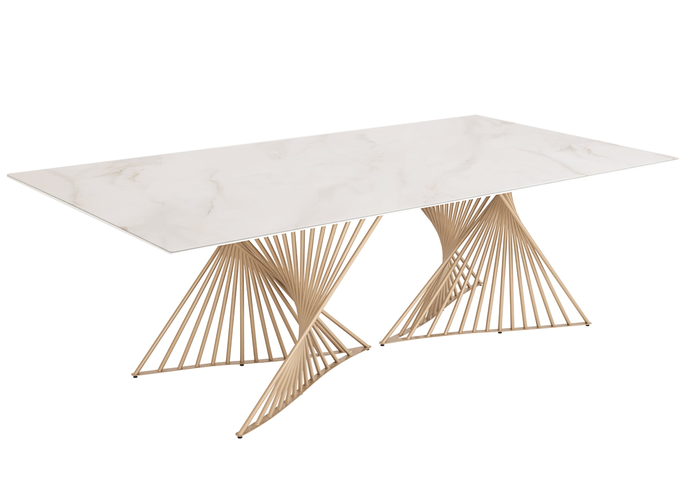 Mesa de jantar Fit com tampo laqueado branco com vidro e estrutura aramada dourada em aço carbono.