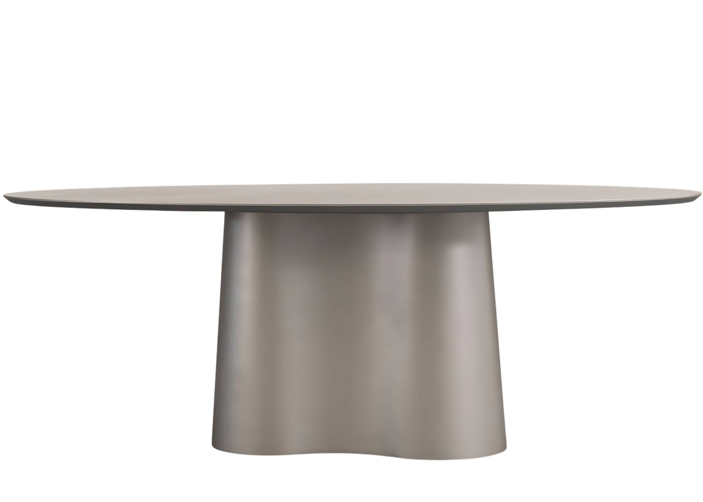 Mesa de jantar Ivis com tampo oval laqueado em cinza. Peça elegante e moderna, ideal para compor salas de jantar sofisticadas.