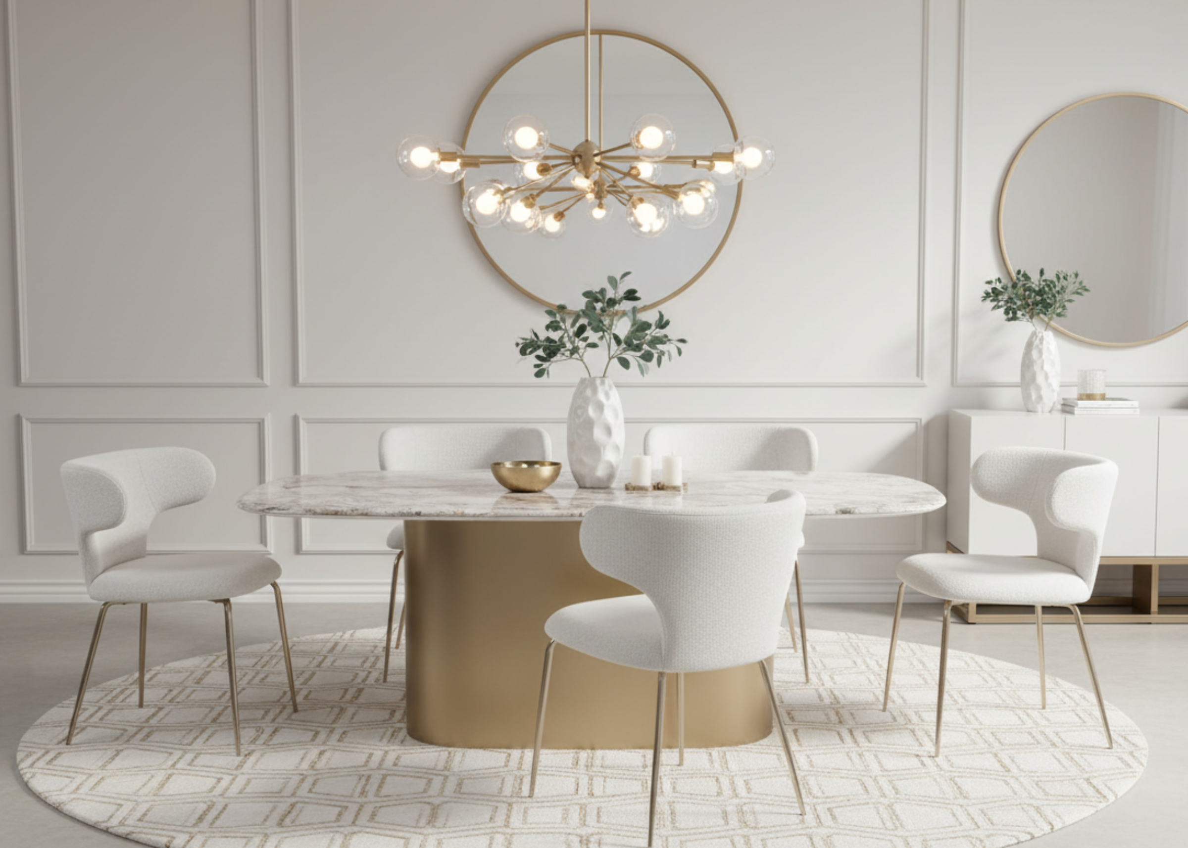 Mesa de jantar Majestosa com acabamento em aço inox e tampo em mármore, unindo luxo e elegância em um design imponente e sofisticado para sua sala de jantar.