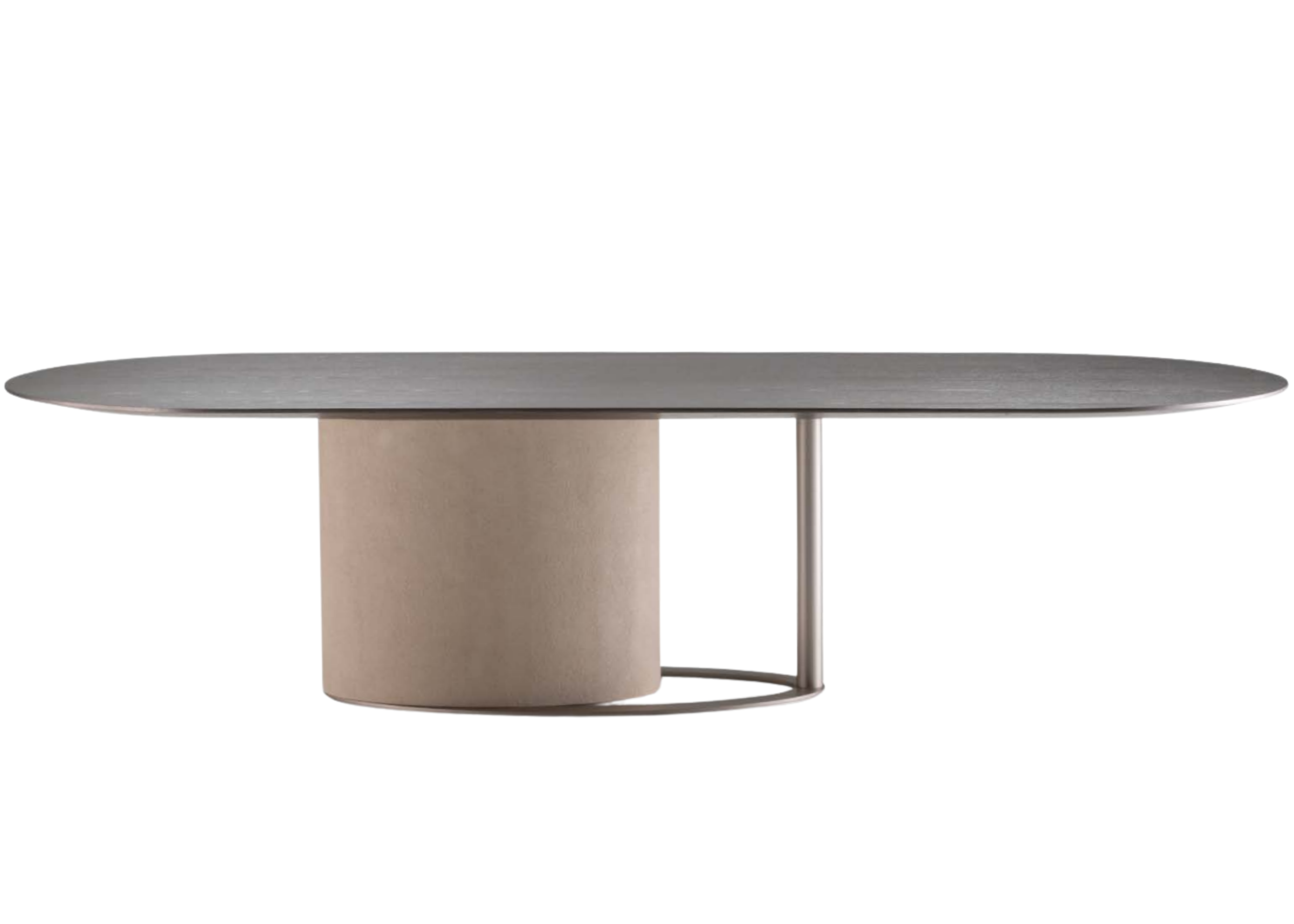 Mesa de jantar oblonga modelo Aurélia com tampo em carvalho natural e base escultural. Peça elegante para salas de jantar contemporâneas.