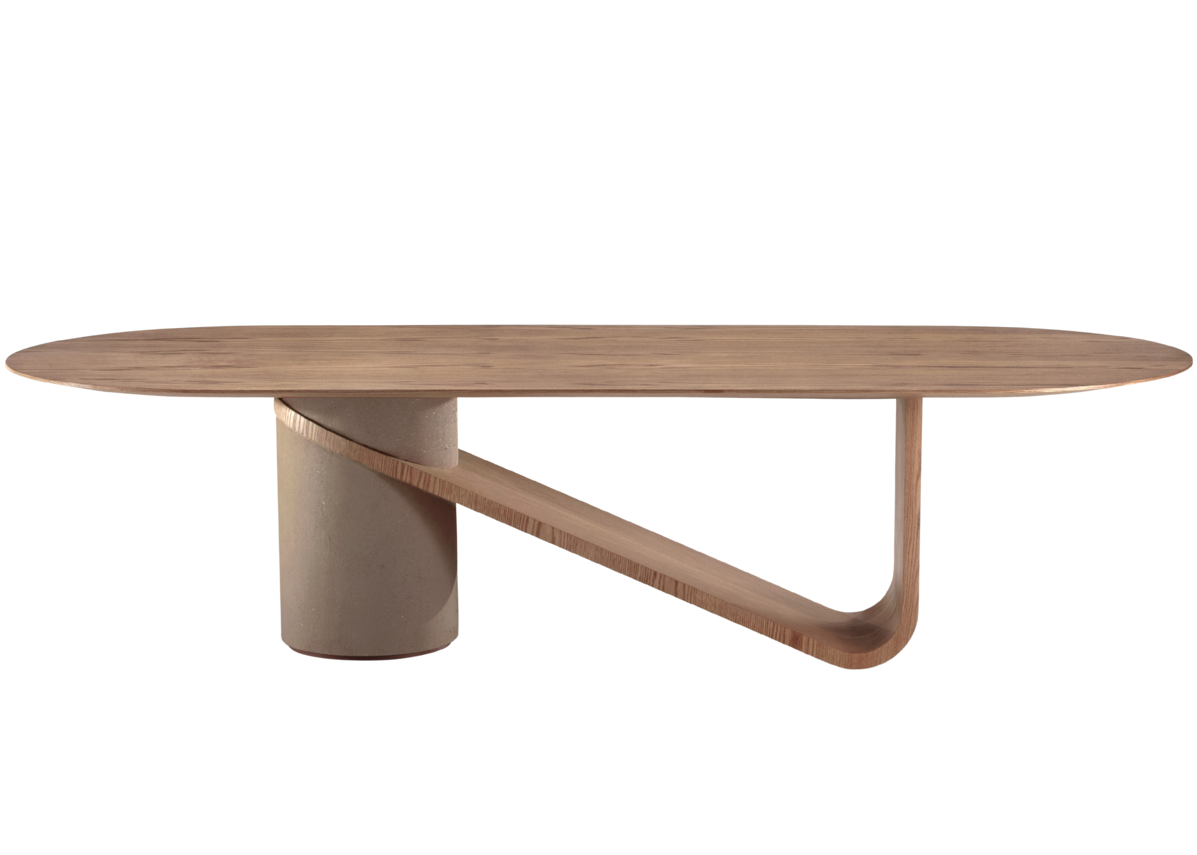 Mesa de jantar modelo Valetto com tampo em acabamento laqueado com vidro ou em madeira natural fosca. Base cilíndrica robusta com detalhe em arco na base, em carvalho ou nogueira. Design elegante e contemporâneo, apresentada sobre fundo neutro.
