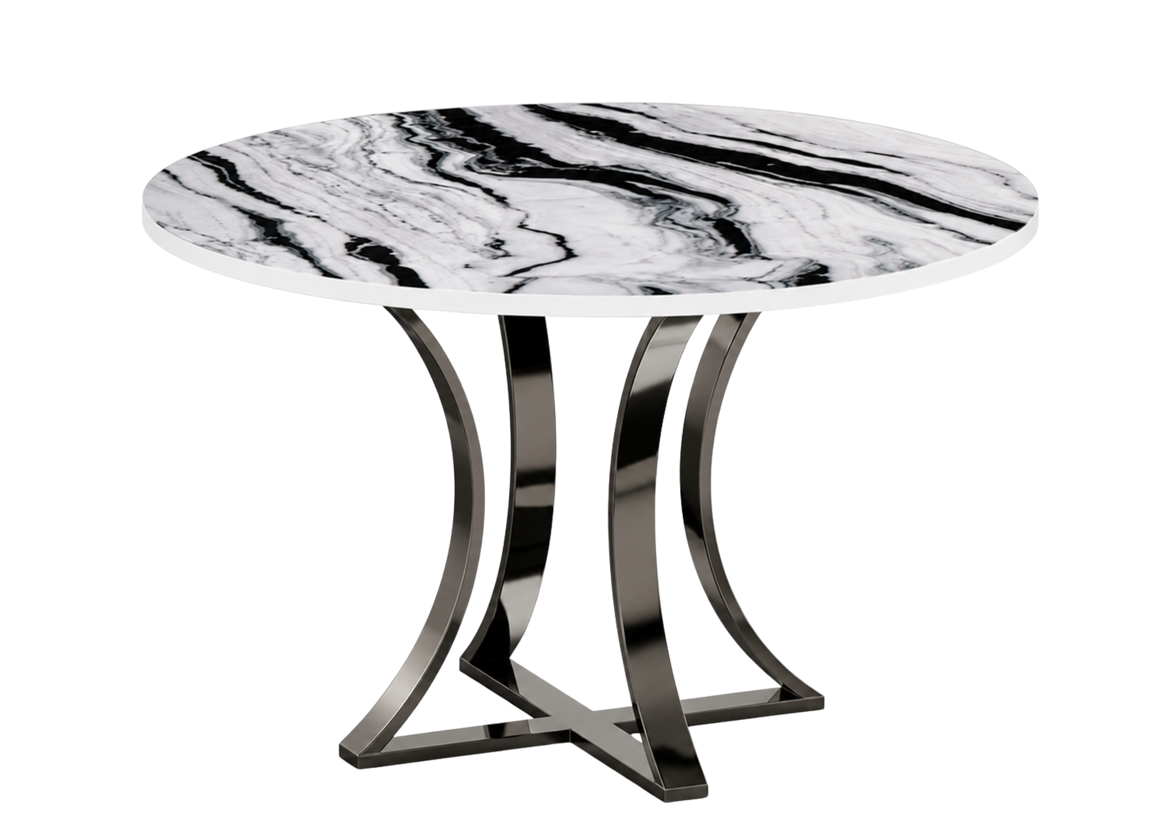 Mesa de jantar redonda Amabylle com tampo em vidro marmorizado Panda e base ouro black, ideal para salas de jantar elegantes e contemporâneas.
