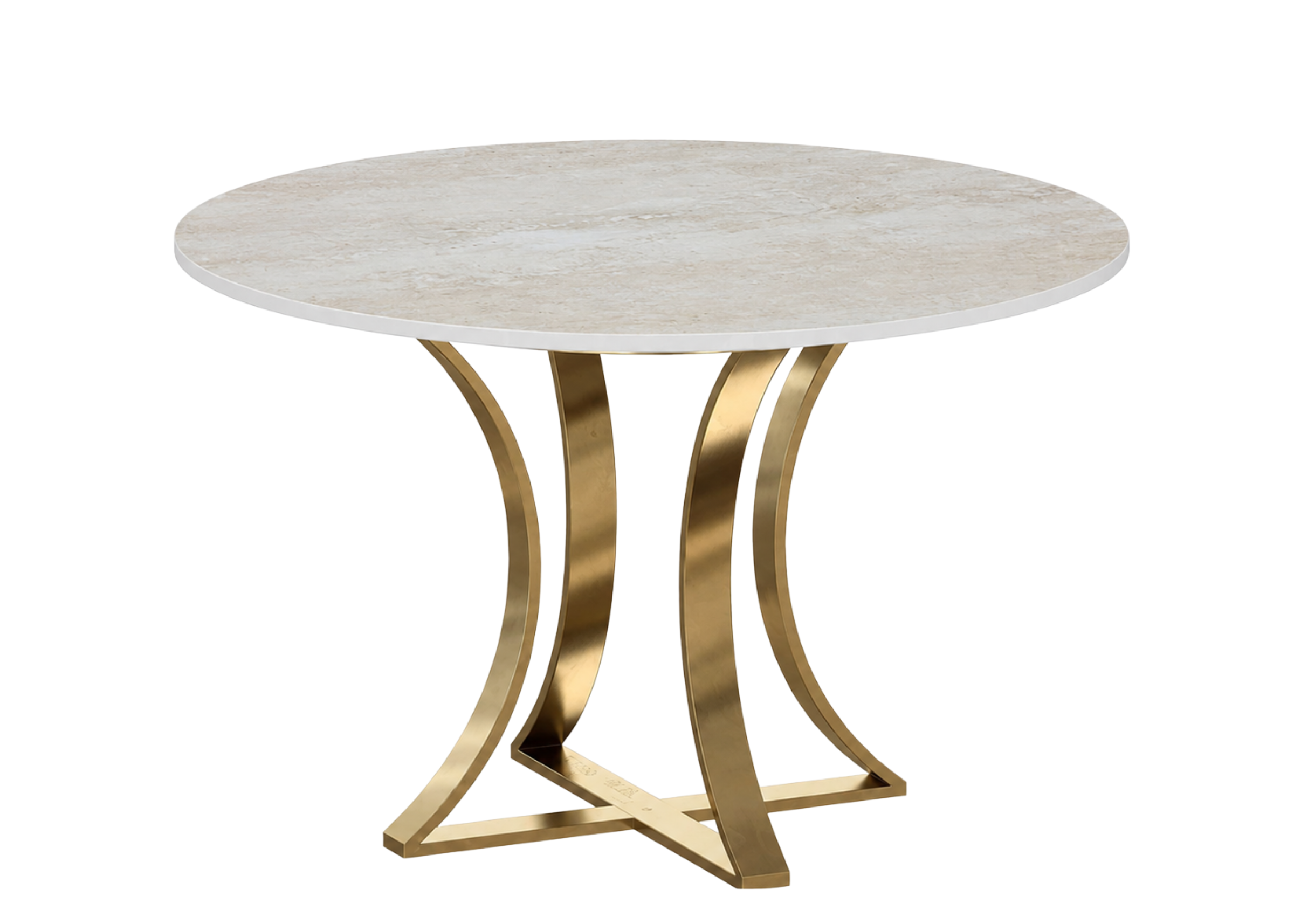 Mesa de jantar redonda Amabylle com tampo em vidro marmorizado, apresentando design sofisticado e versátil para compor ambientes elegantes.