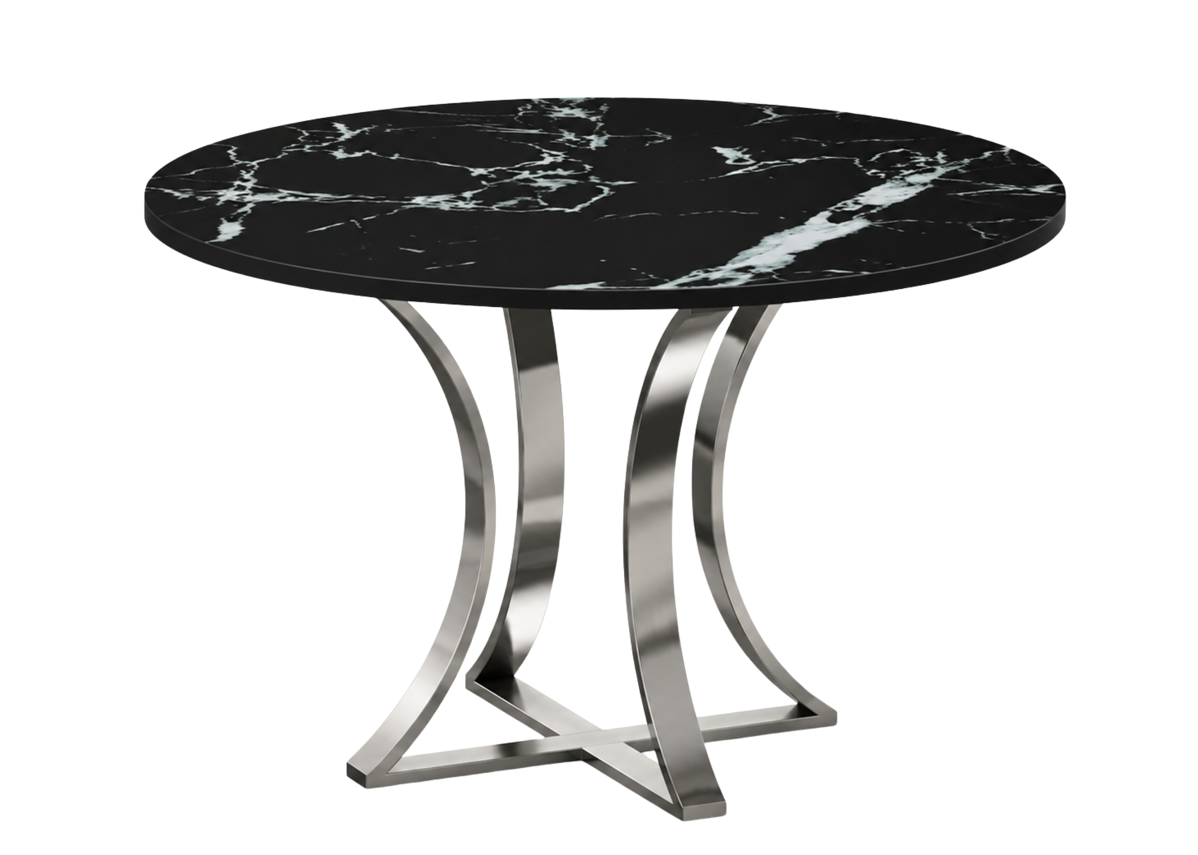 Mesa de jantar redonda Amabylle com tampo em vidro marmorizado Nero Marquina e base em inox polido, apresentando design sofisticado e moderno.