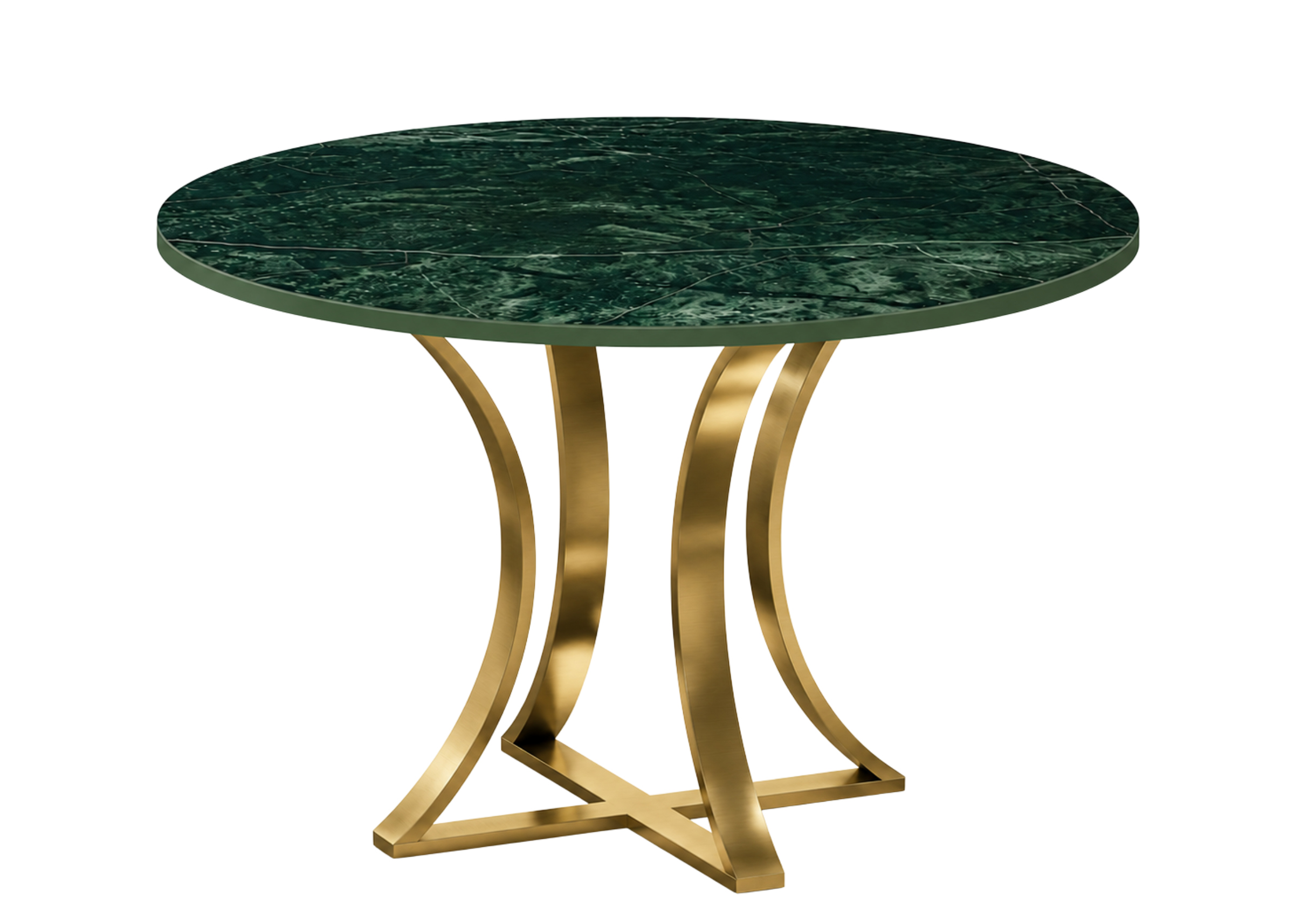 Mesa de jantar redonda Amabylle com tampo em vidro marmorizado Verde Alpi e base gold, ideal para compor ambientes refinados e contemporâneos.