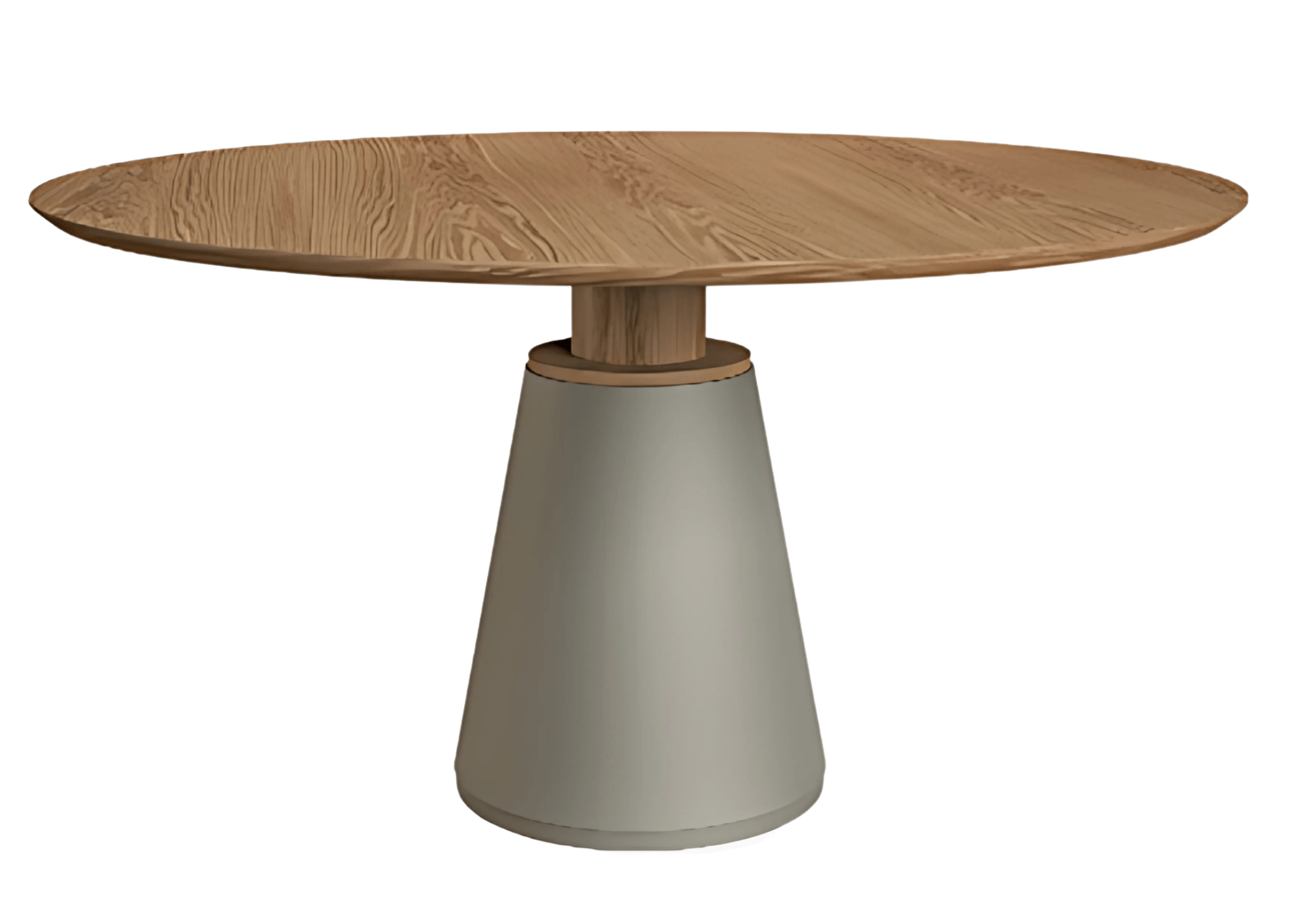 Mesa de jantar redonda Lancer com base laqueada e tampo em lâmina de madeira cinamomo. Móvel contemporâneo para salas de jantar refinadas.
